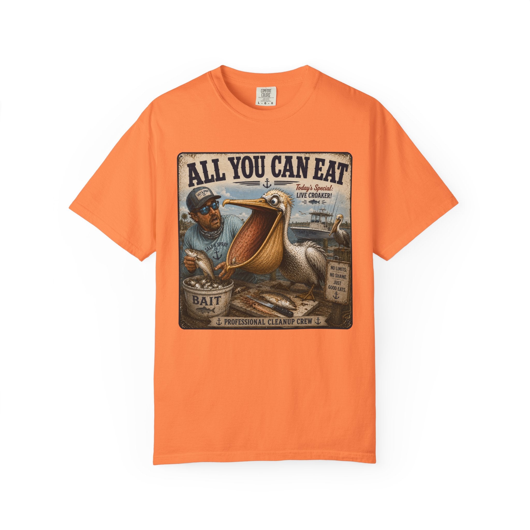 All You Can Eat Pelican T-Shirt — Funny Vintage Fishing Sign, Professional Cleanup Crew, Comfort Colors, Angler Gift, Unisex