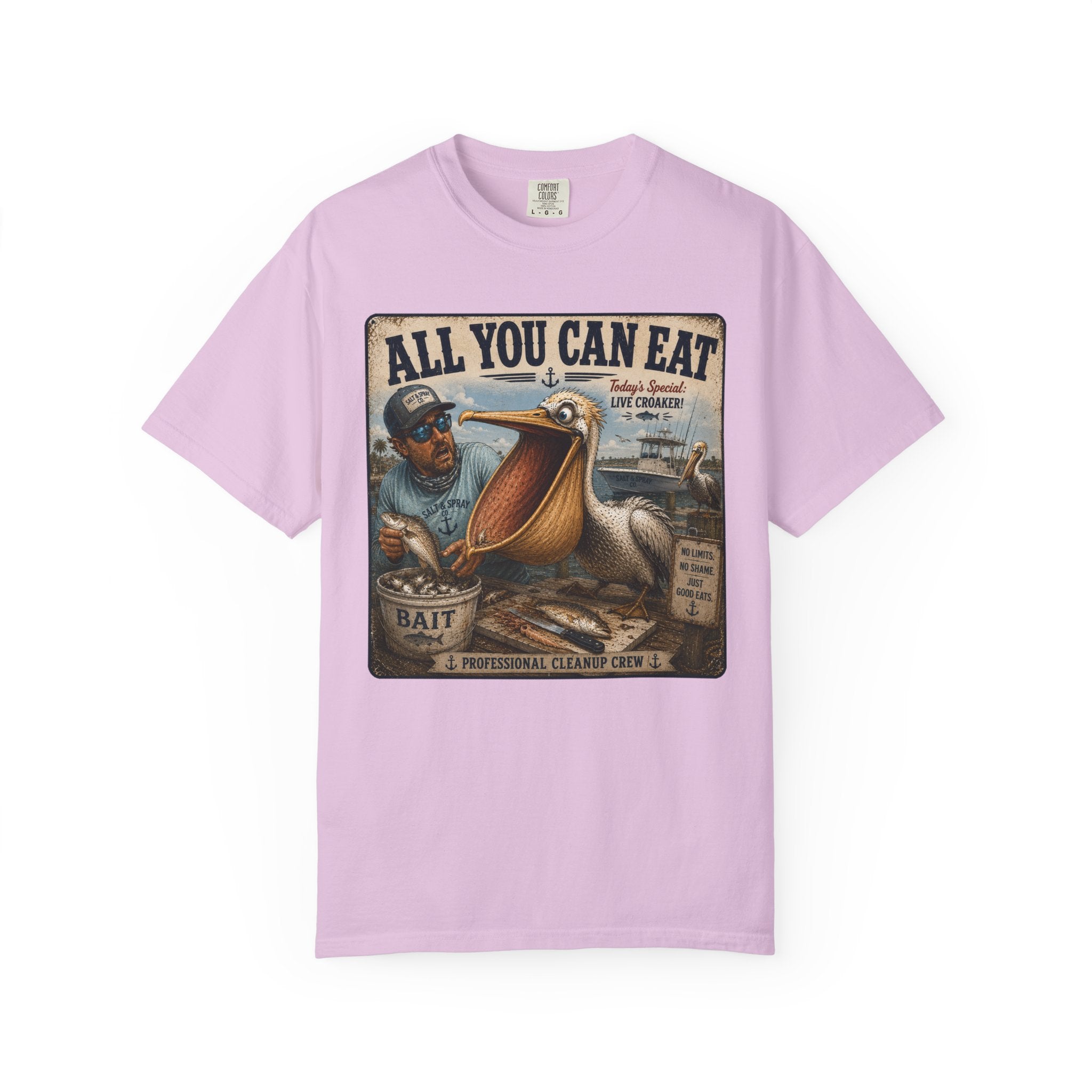 All You Can Eat Pelican T-Shirt — Funny Vintage Fishing Sign, Professional Cleanup Crew, Comfort Colors, Angler Gift, Unisex