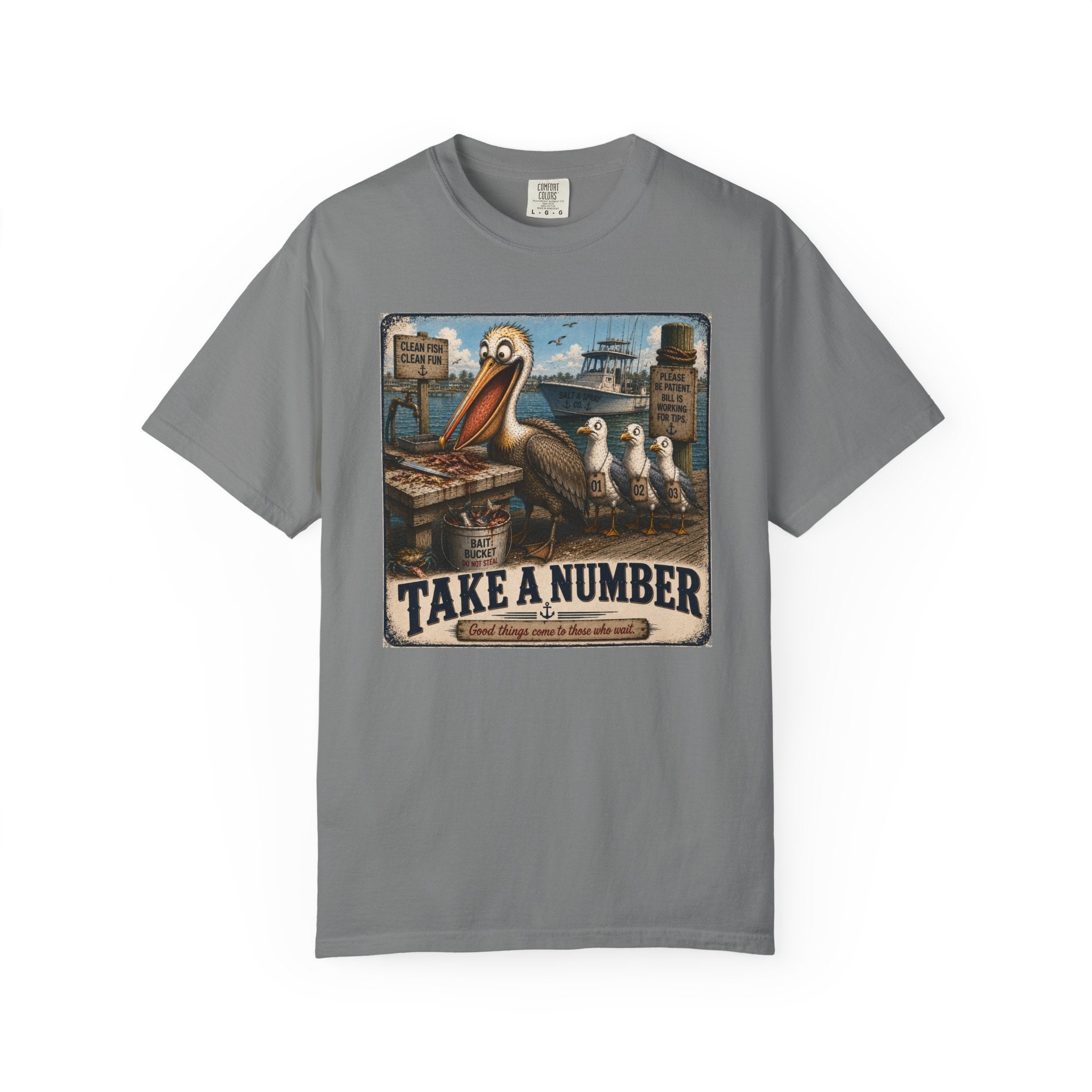 Take a Number Tee — Funny Pelican & Seagull Dock Sign T-Shirt