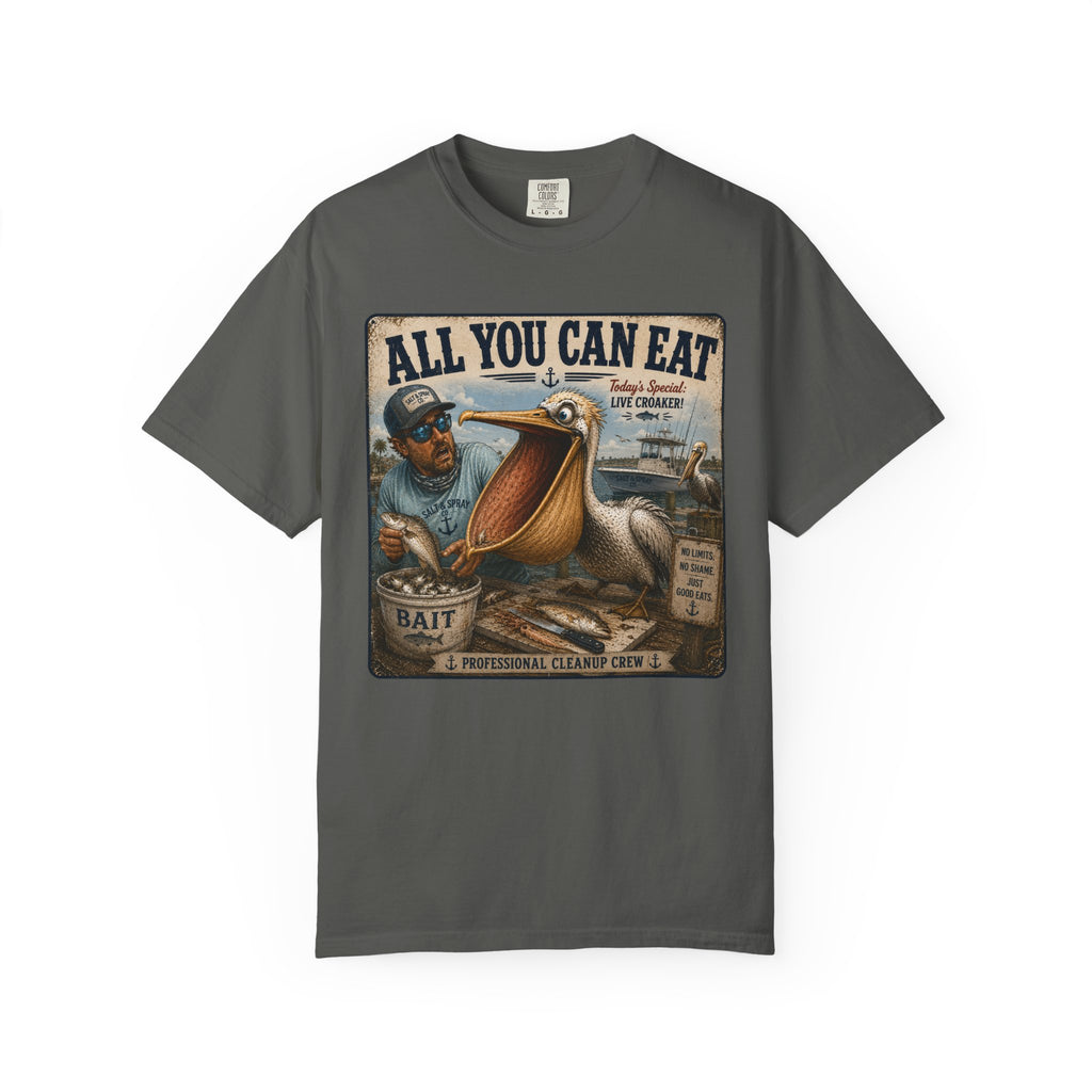 All You Can Eat Pelican T-Shirt — Funny Vintage Fishing Sign, Professional Cleanup Crew, Comfort Colors, Angler Gift, Unisex