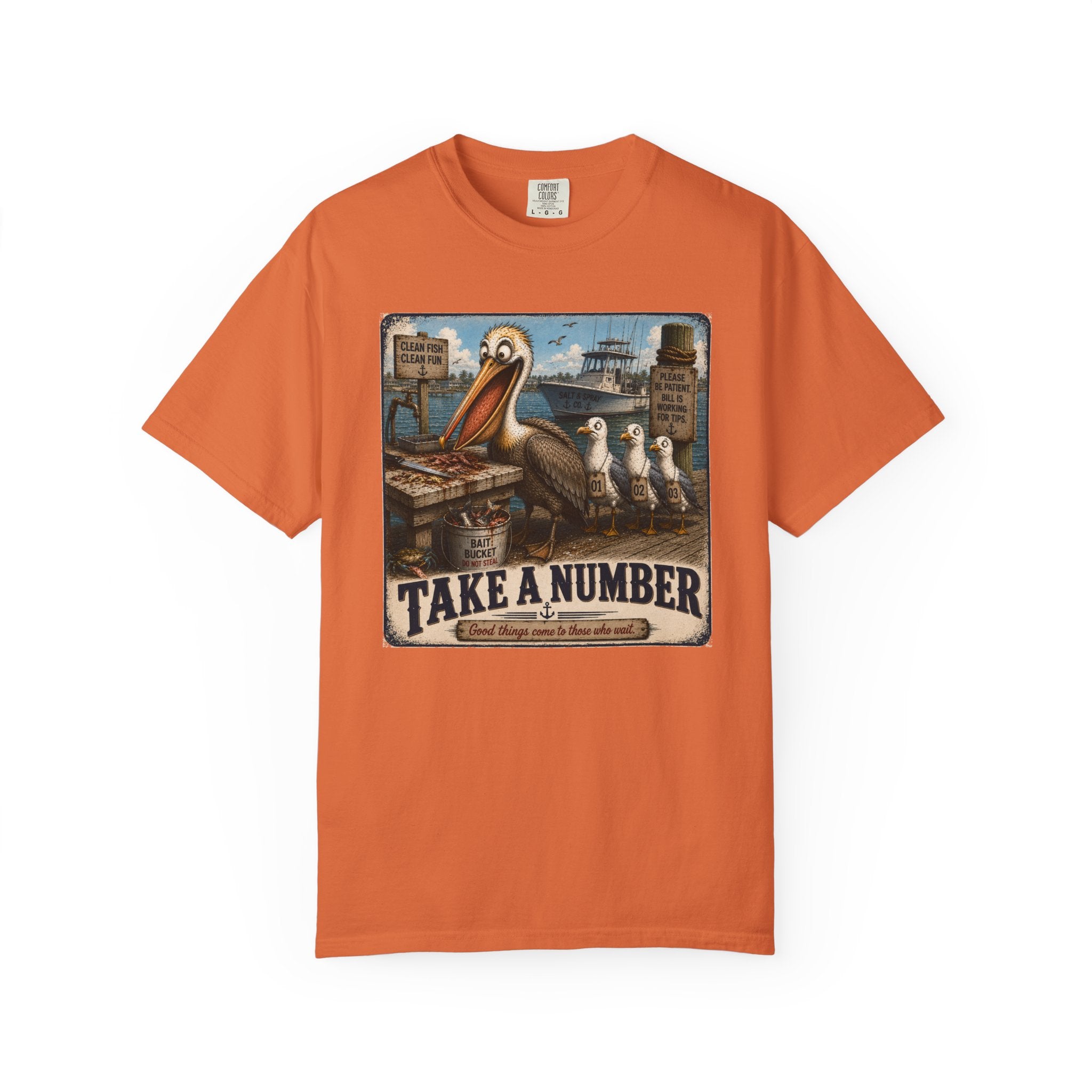 Take a Number Tee — Funny Pelican & Seagull Dock Sign T-Shirt