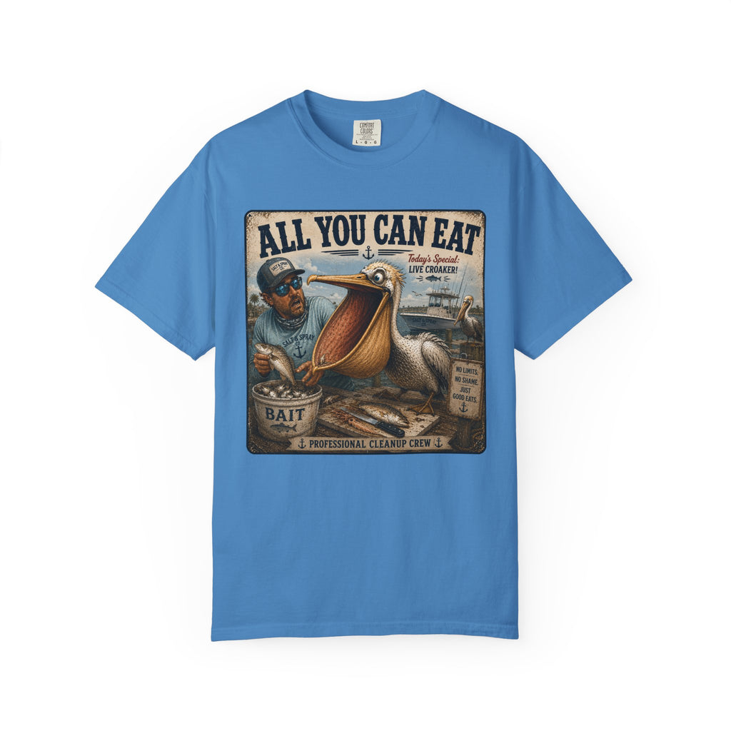 All You Can Eat Pelican T-Shirt — Funny Vintage Fishing Sign, Professional Cleanup Crew, Comfort Colors, Angler Gift, Unisex