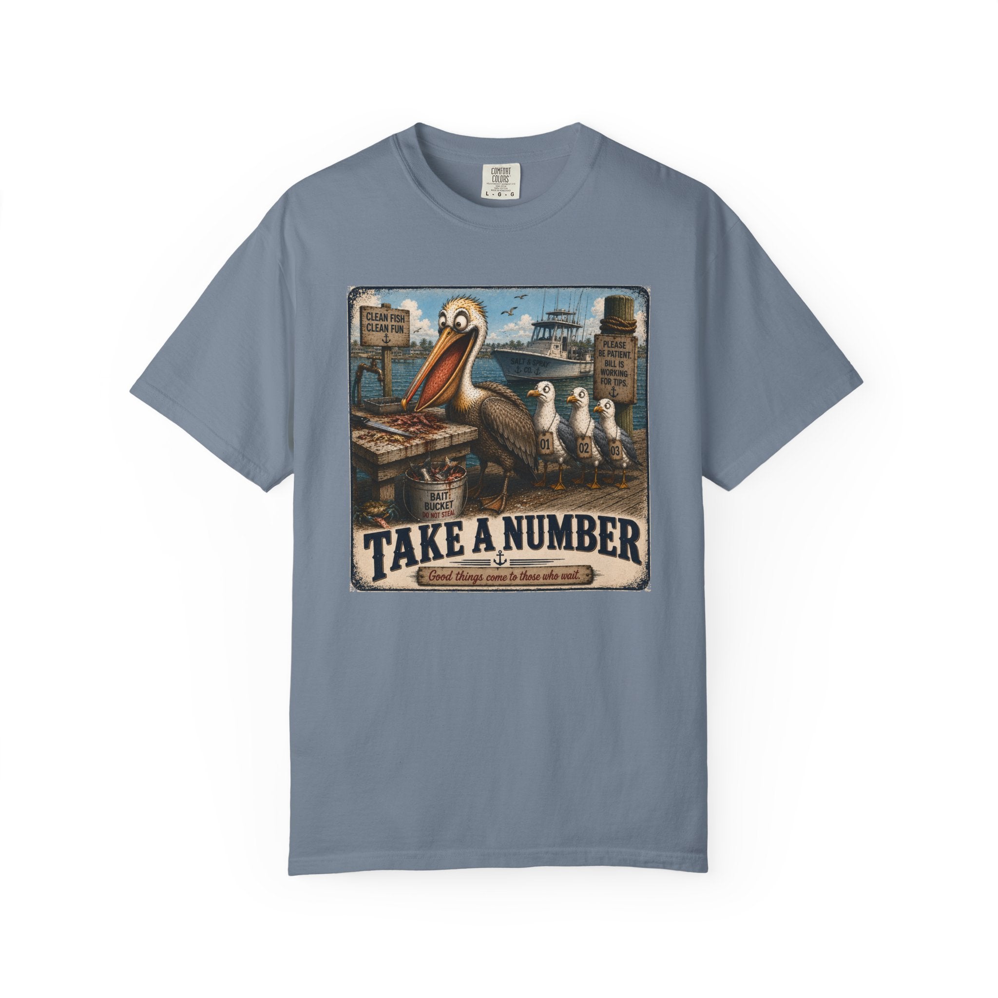 Take a Number Tee — Funny Pelican & Seagull Dock Sign T-Shirt