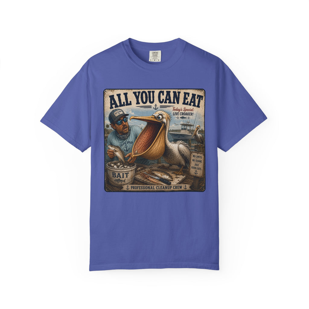 All You Can Eat Pelican T-Shirt — Funny Vintage Fishing Sign, Professional Cleanup Crew, Comfort Colors, Angler Gift, Unisex