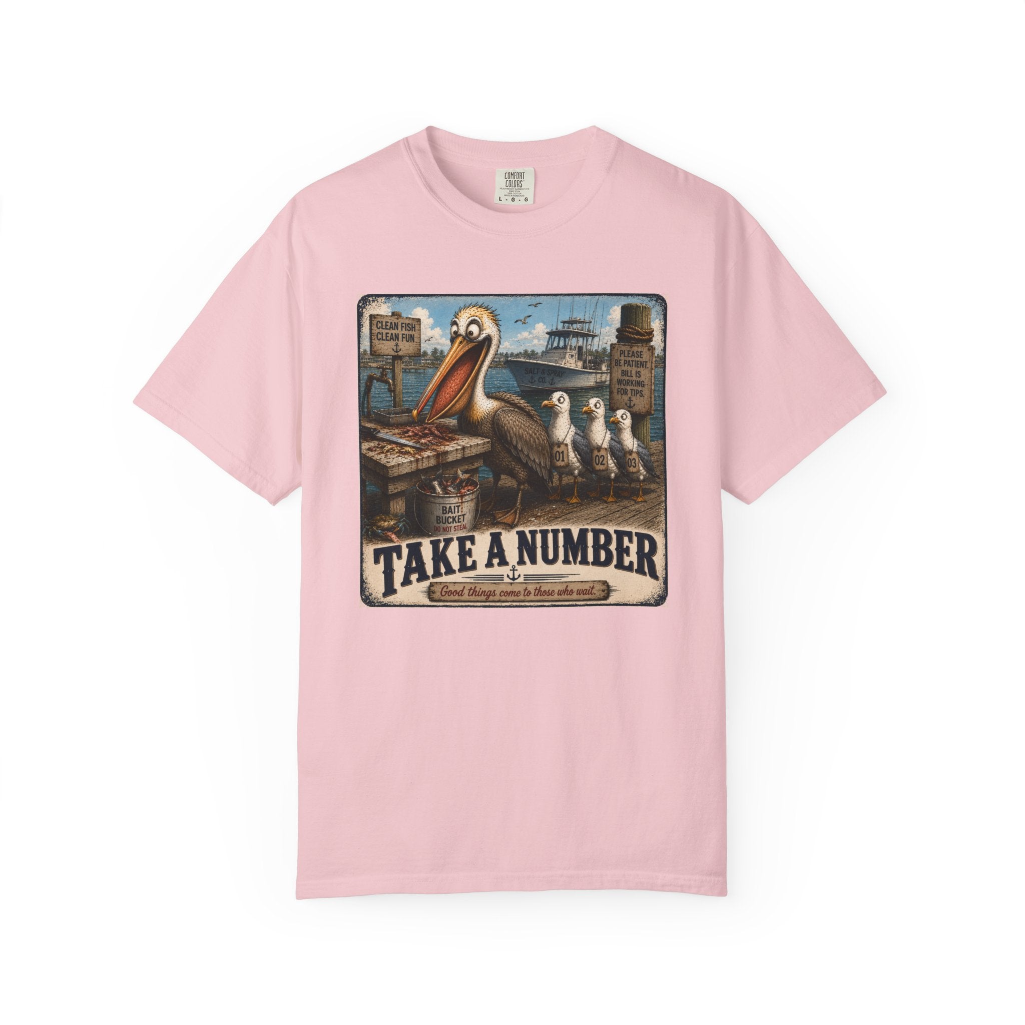 Take a Number Tee — Funny Pelican & Seagull Dock Sign T-Shirt