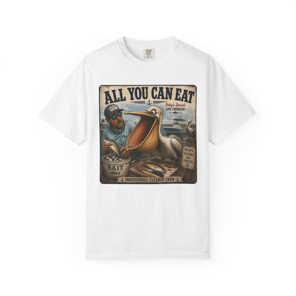 All You Can Eat Pelican T-Shirt — Funny Vintage Fishing Sign, Professional Cleanup Crew, Comfort Colors, Angler Gift, Unisex