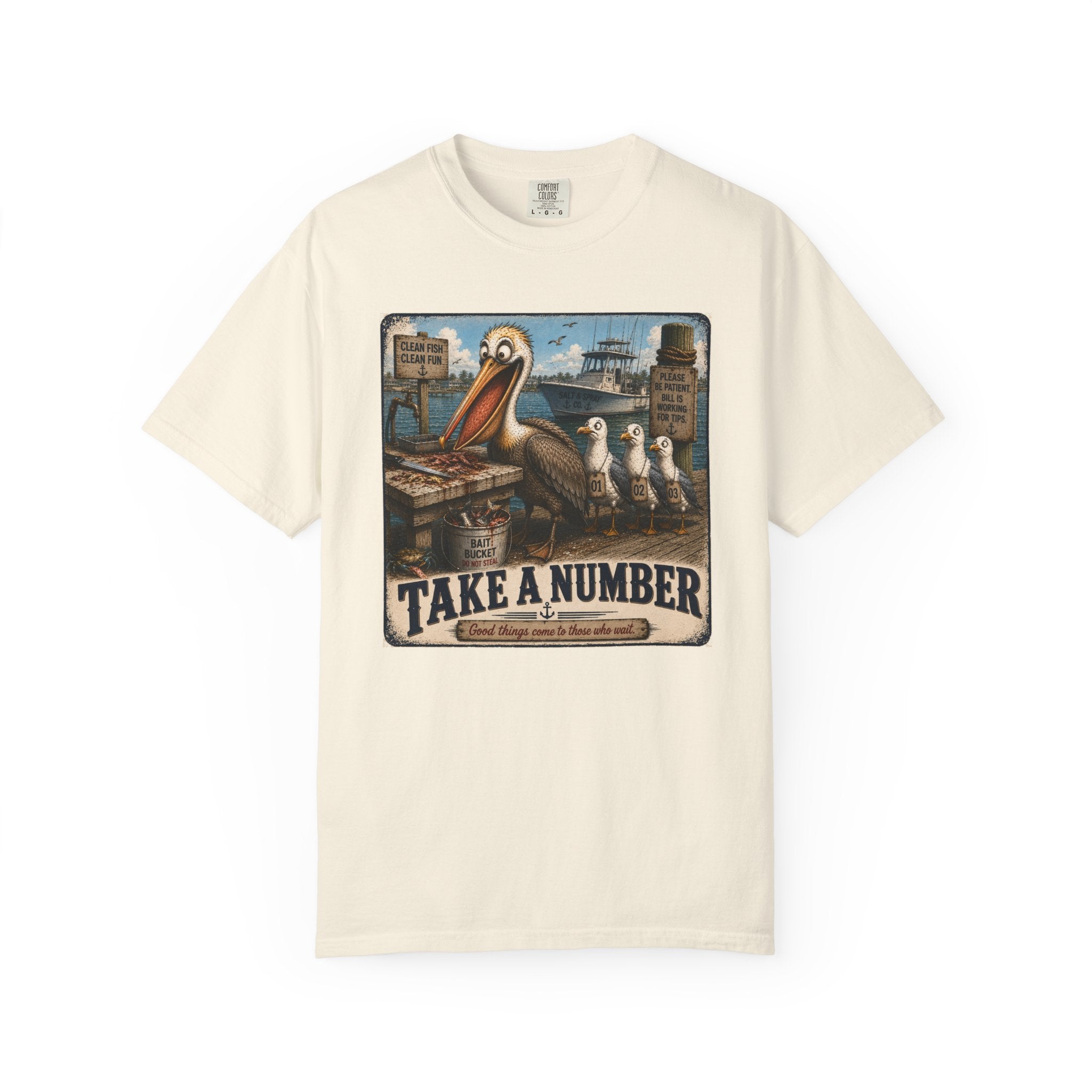 Take a Number Tee — Funny Pelican & Seagull Dock Sign T-Shirt