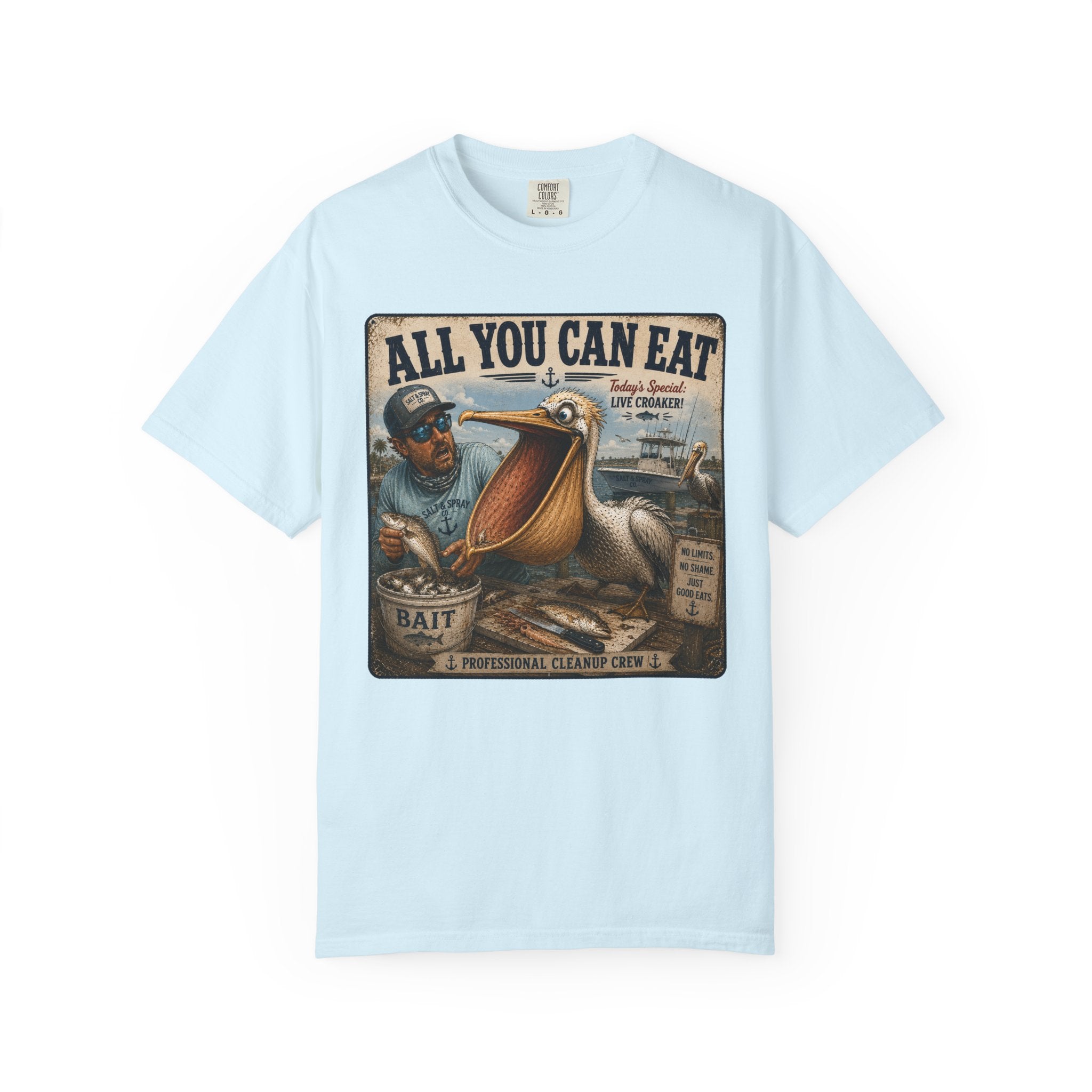 All You Can Eat Pelican T-Shirt — Funny Vintage Fishing Sign, Professional Cleanup Crew, Comfort Colors, Angler Gift, Unisex