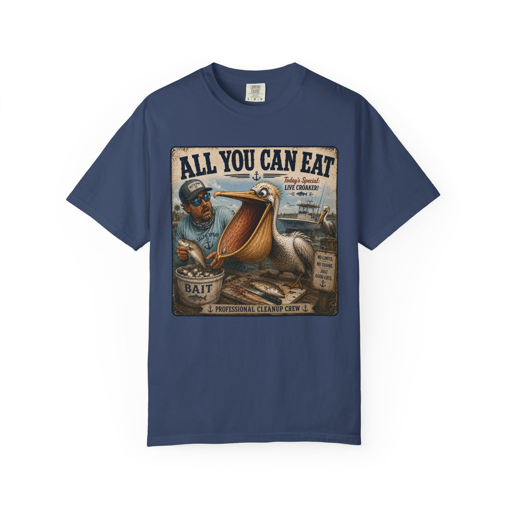 All You Can Eat Pelican T-Shirt — Funny Vintage Fishing Sign, Professional Cleanup Crew, Comfort Colors, Angler Gift, Unisex