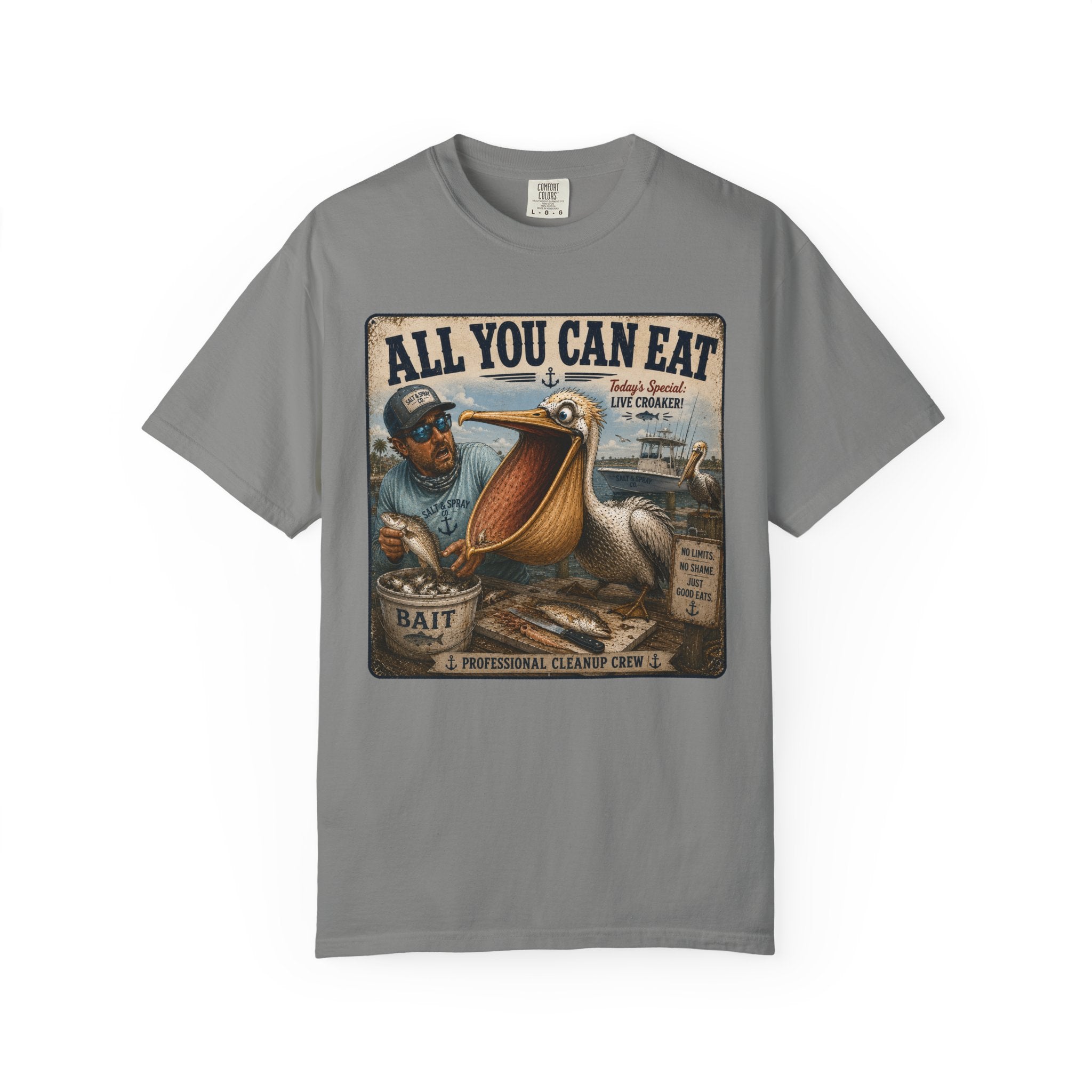 All You Can Eat Pelican T-Shirt — Funny Vintage Fishing Sign, Professional Cleanup Crew, Comfort Colors, Angler Gift, Unisex