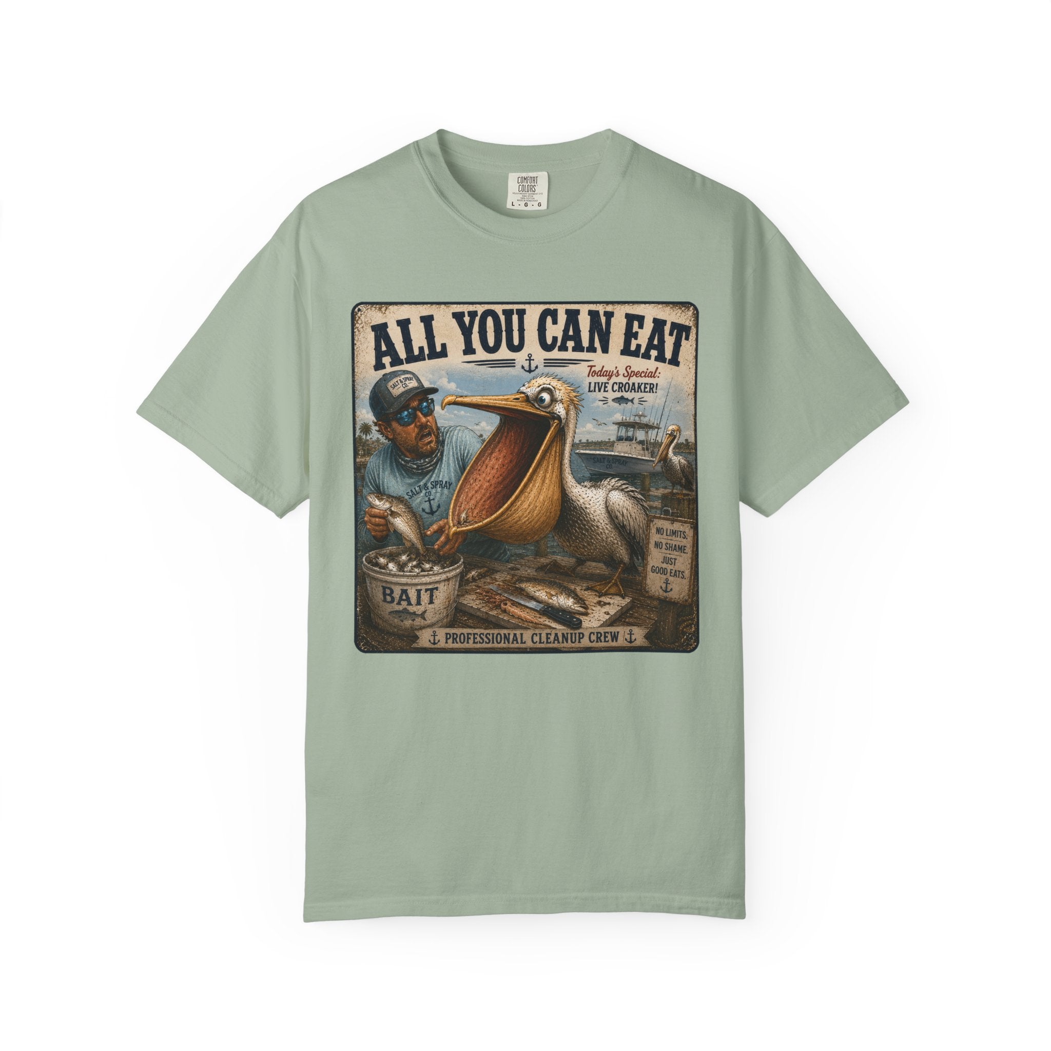 All You Can Eat Pelican T-Shirt — Funny Vintage Fishing Sign, Professional Cleanup Crew, Comfort Colors, Angler Gift, Unisex