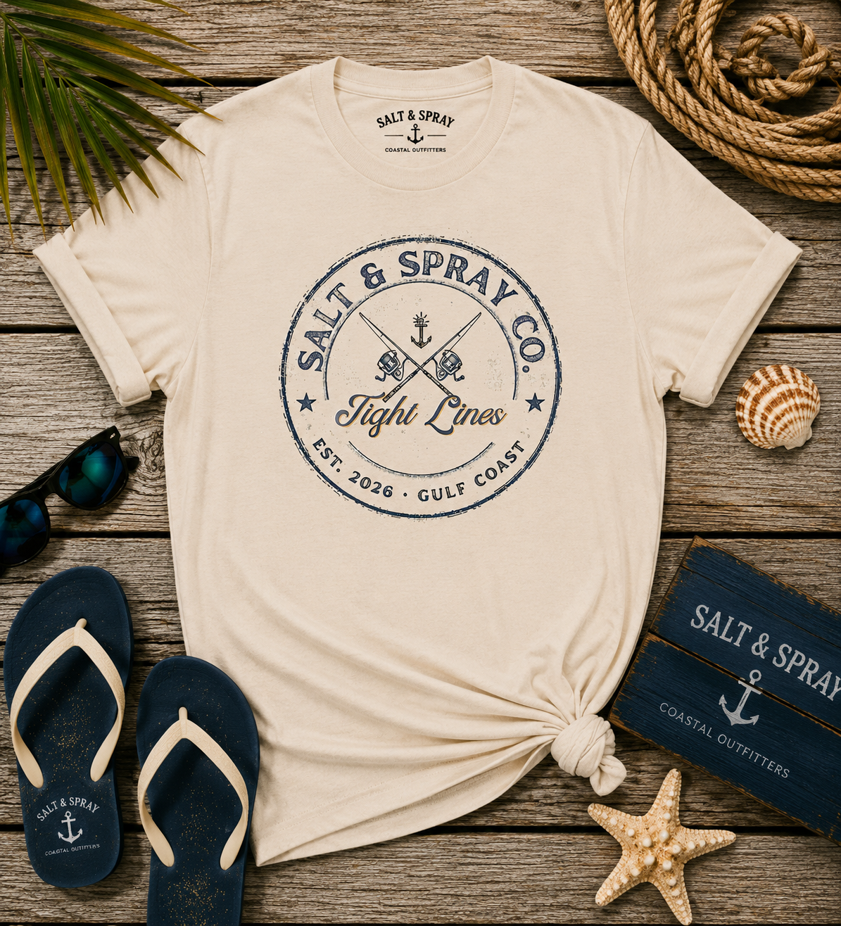 Tight Lines vintage fishing badge t-shirt in light colors with navy ink