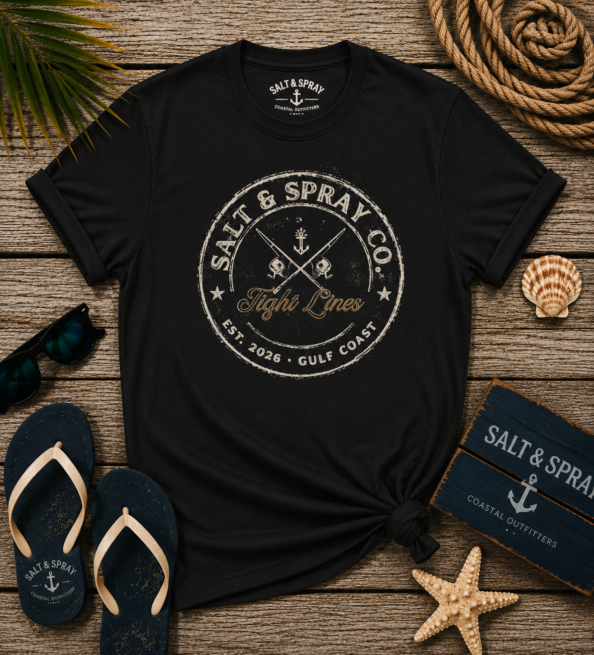Tight Lines vintage fishing badge t-shirt in dark colors with cream ink