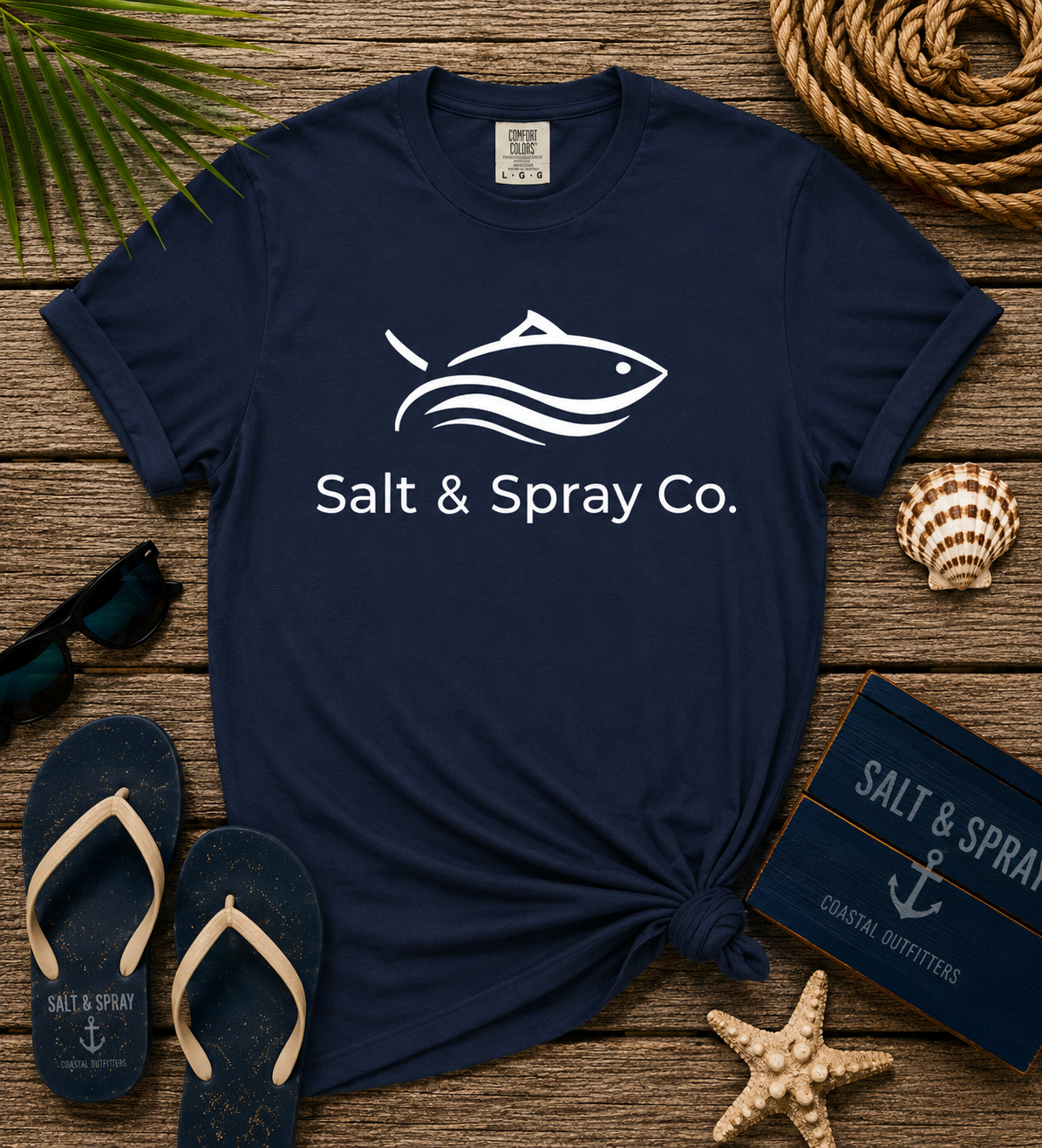 Salt & Spray Co. fishing logo on a garment-dyed t-shirt