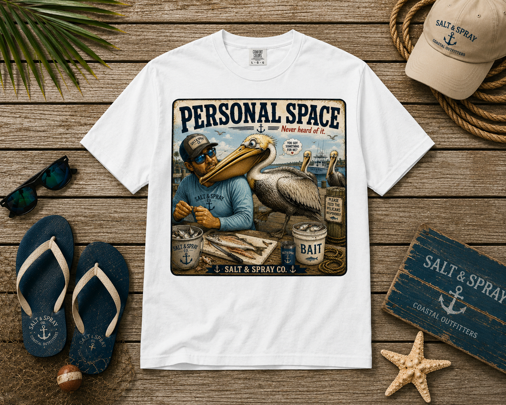Personal Space Never Heard of It funny pelican fishing t-shirt
