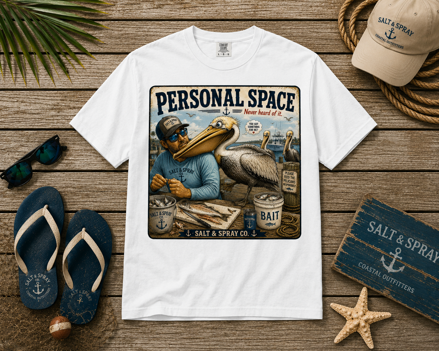 Personal Space Never Heard of It funny pelican fishing t-shirt
