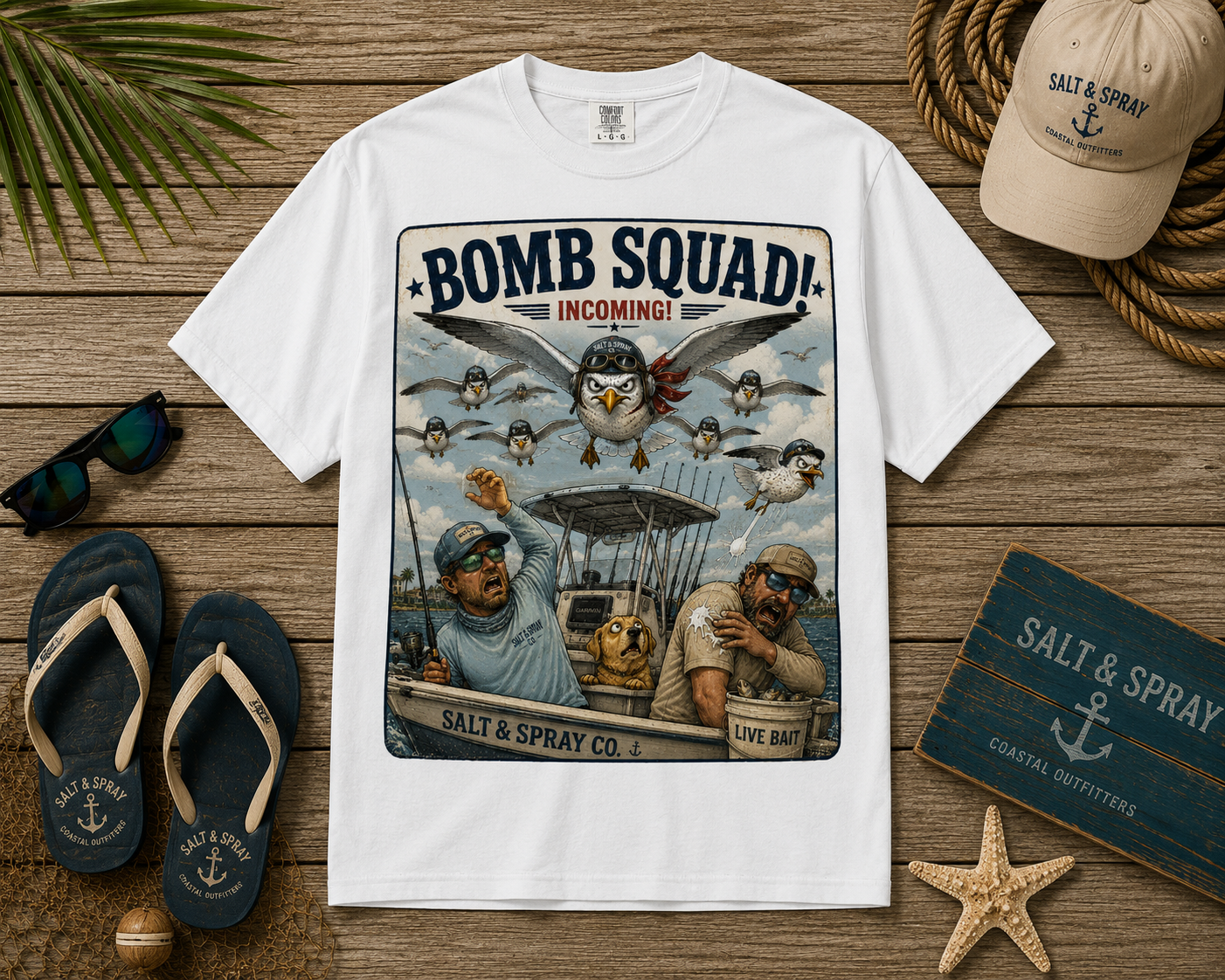 Bomb Squad Incoming funny seagull fishing t-shirt