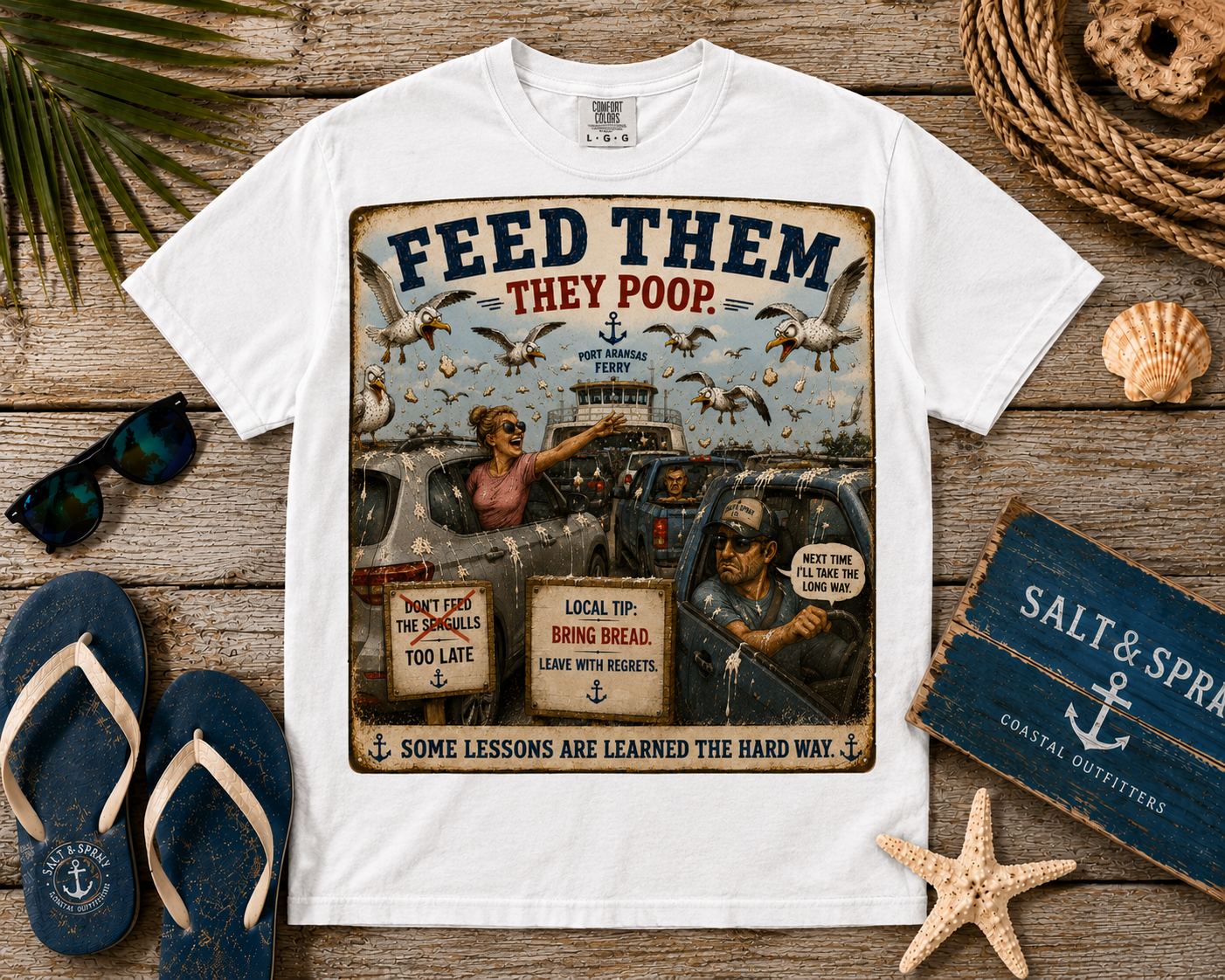 Feed Them They Poop funny seagull ferry t-shirt