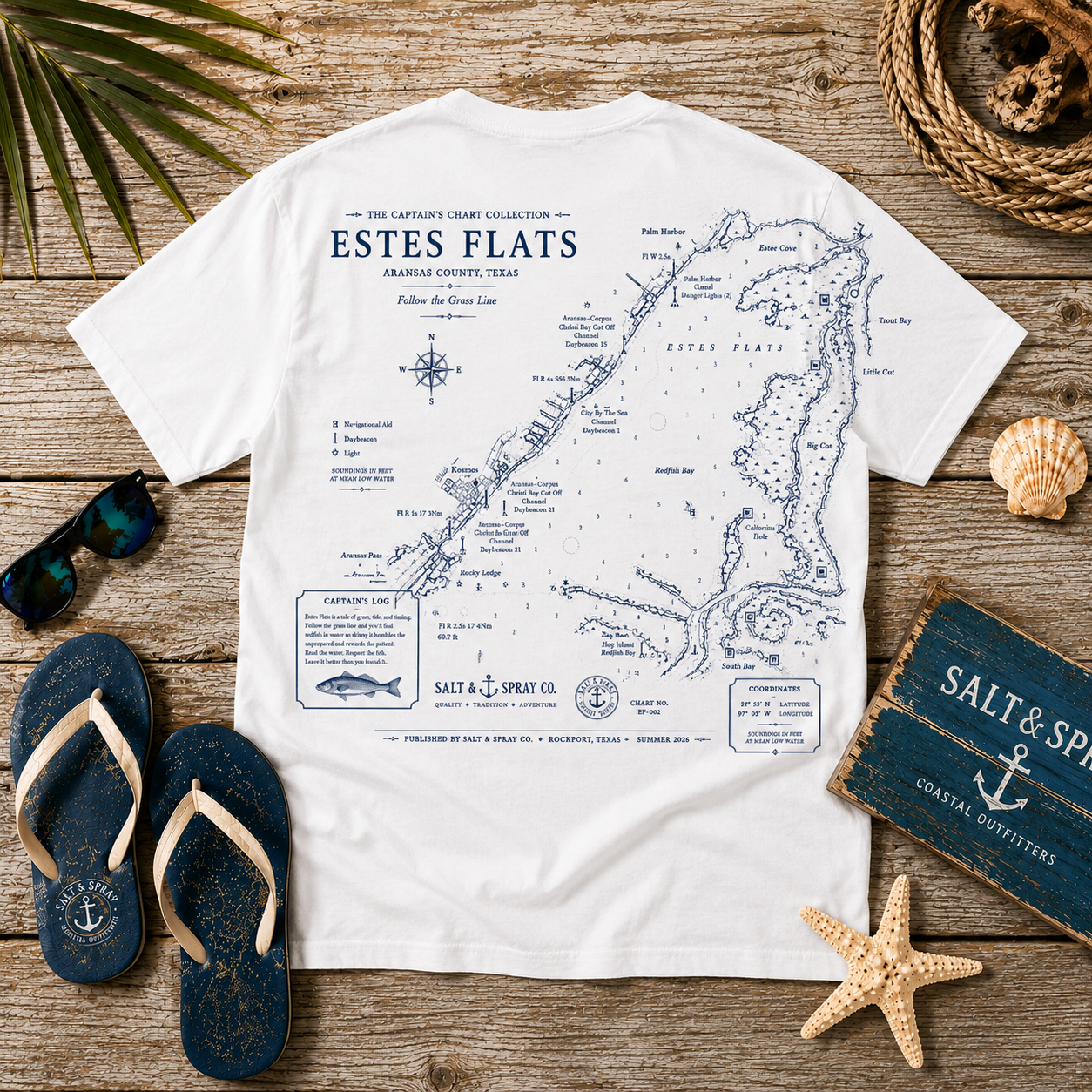 Estes Flats vintage nautical chart t-shirt with navy print on white