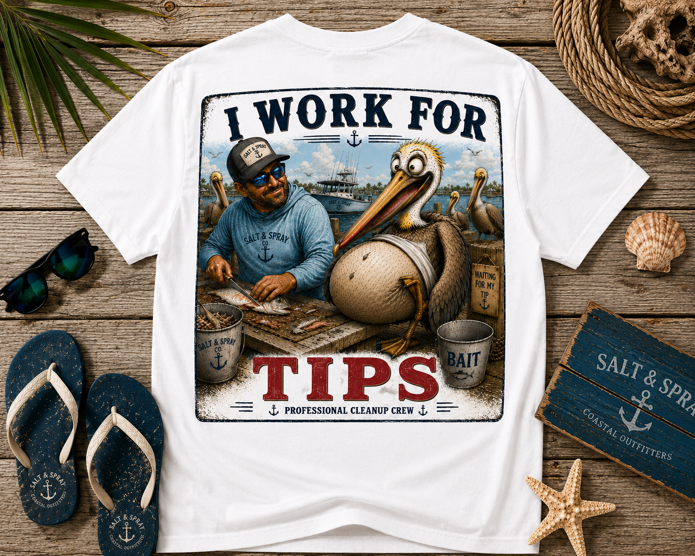 I Work For Tips funny pelican dock sign t-shirt
