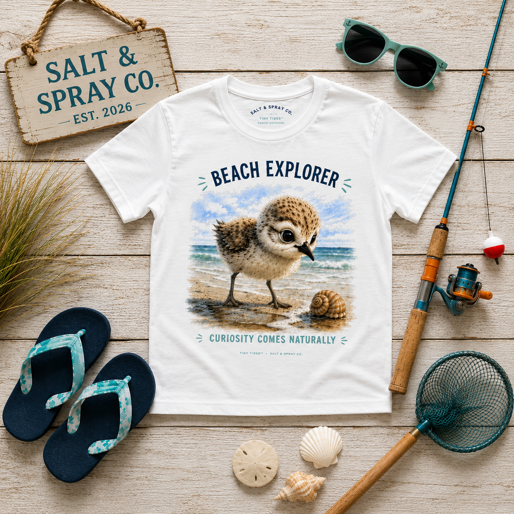 Beach Explorer kids t-shirt with cute shorebird chick graphic