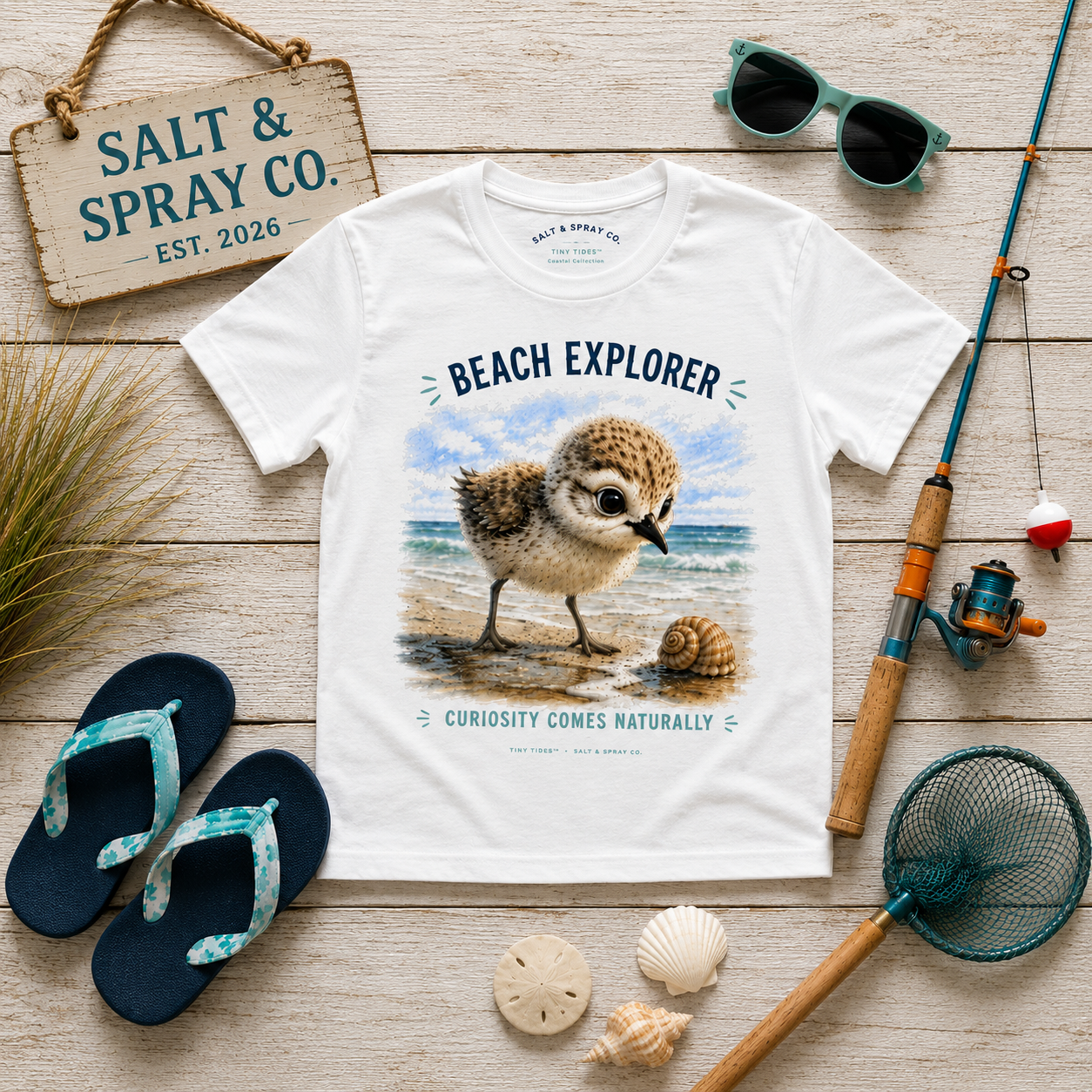 Beach Explorer kids t-shirt with cute shorebird chick graphic