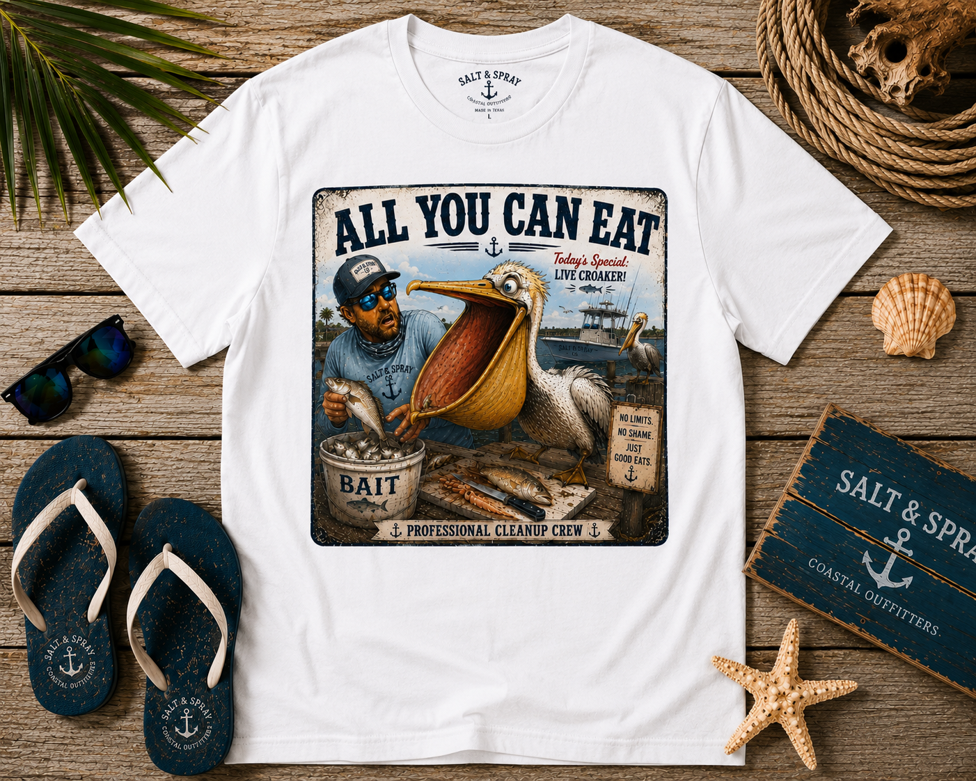 All You Can Eat funny pelican vintage fishing sign t-shirt