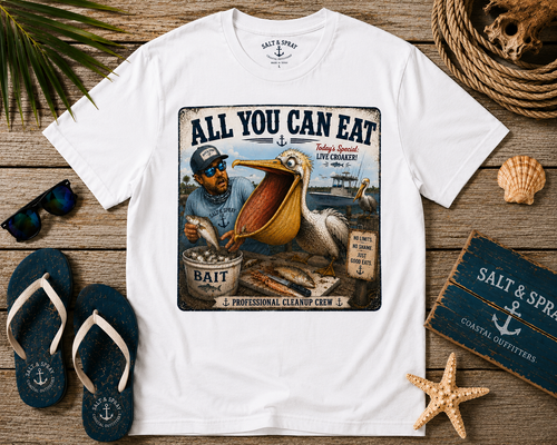 All You Can Eat funny pelican vintage fishing sign t-shirt