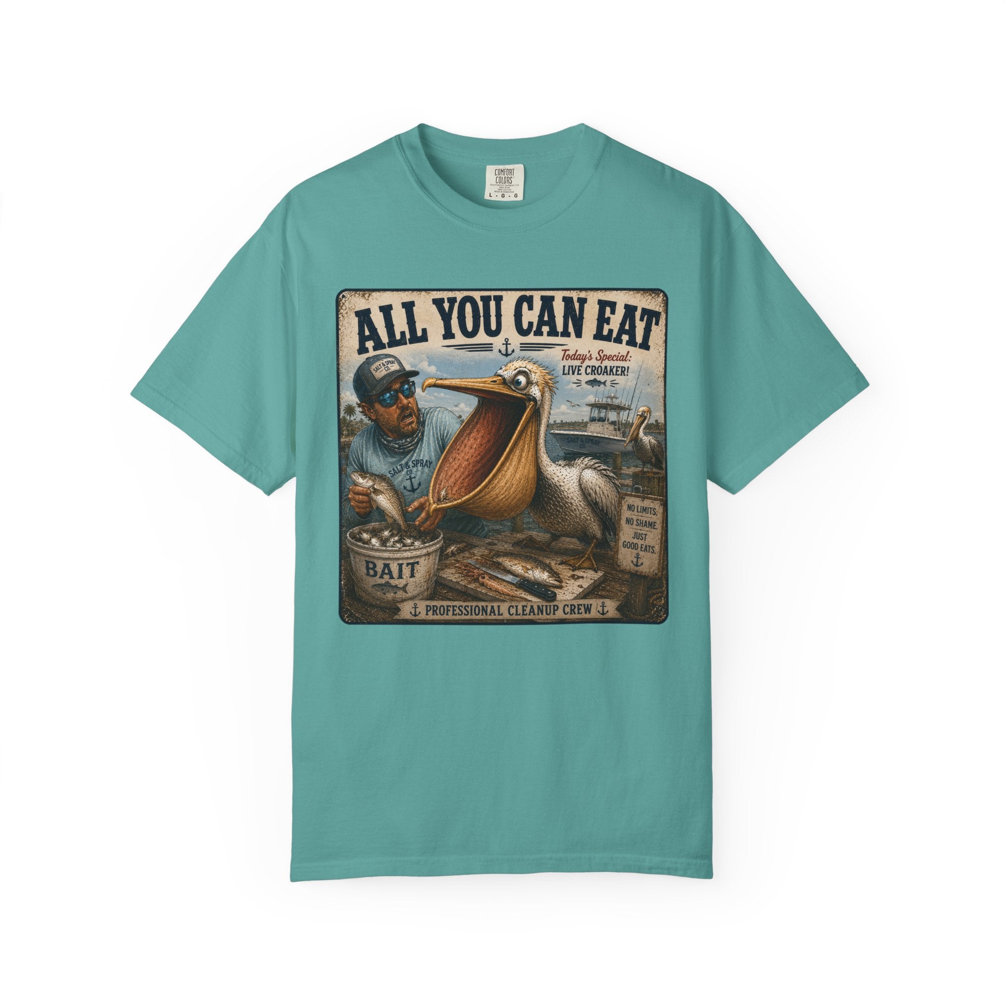 All You Can Eat Pelican T-Shirt — Funny Vintage Fishing Sign, Professional Cleanup Crew, Comfort Colors, Angler Gift, Unisex