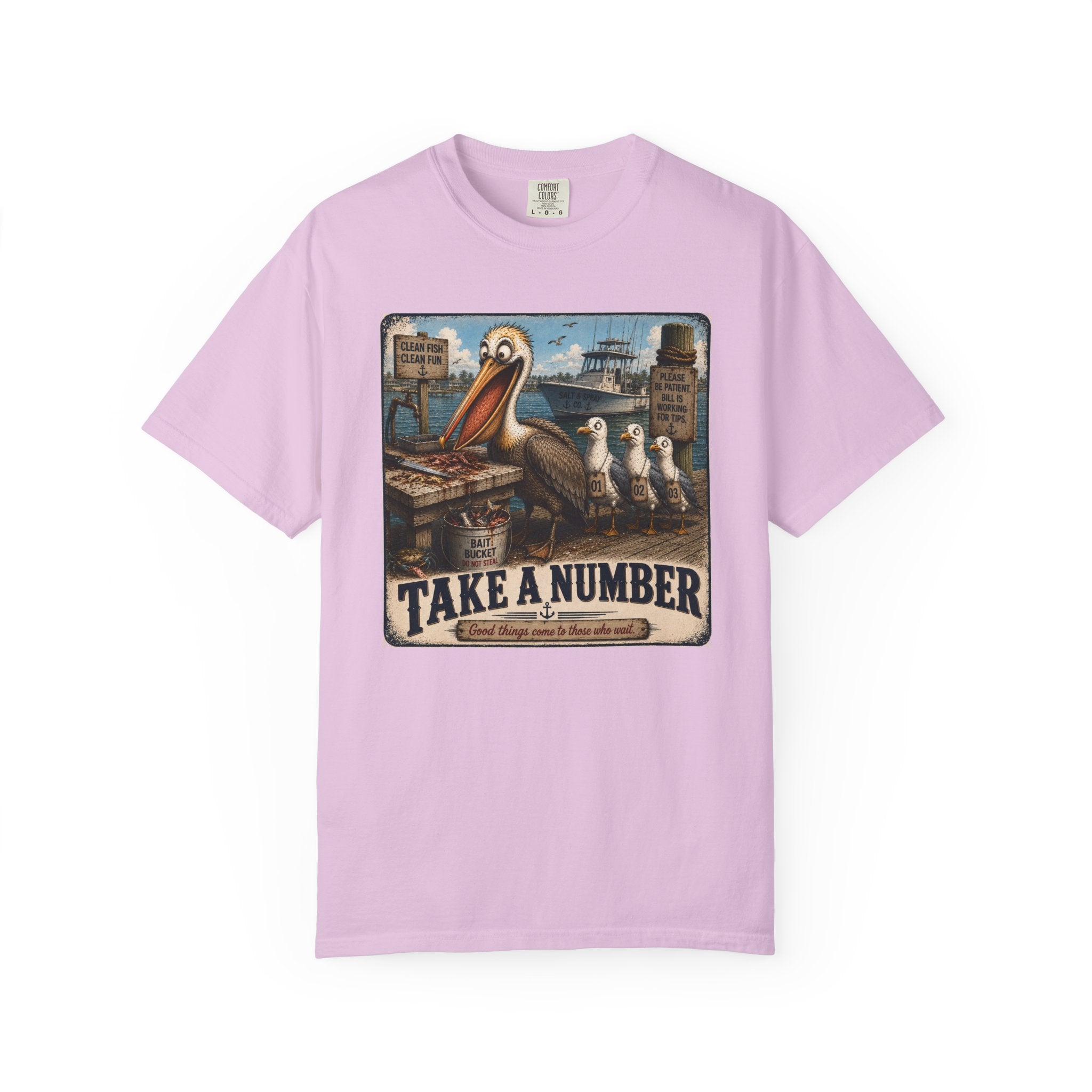 Take a Number Tee — Funny Pelican & Seagull Dock Sign T-Shirt