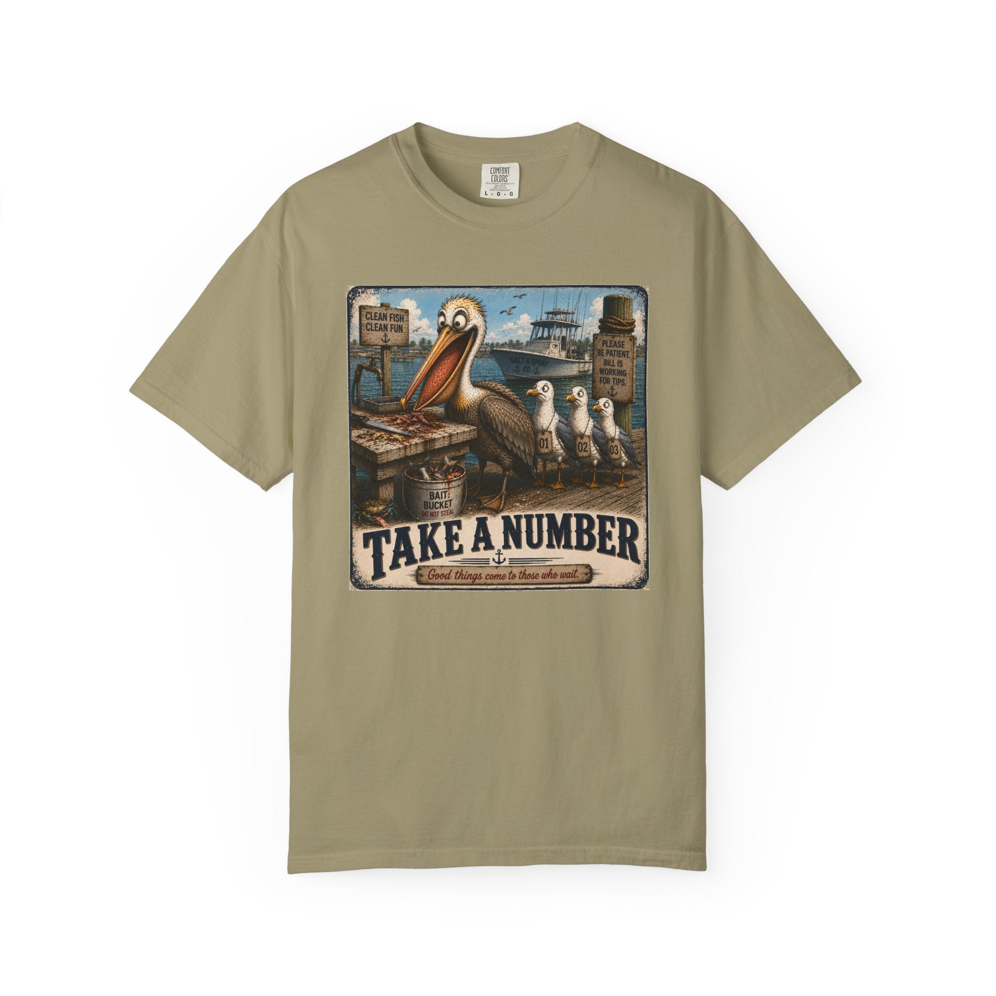 Take a Number Tee — Funny Pelican & Seagull Dock Sign T-Shirt
