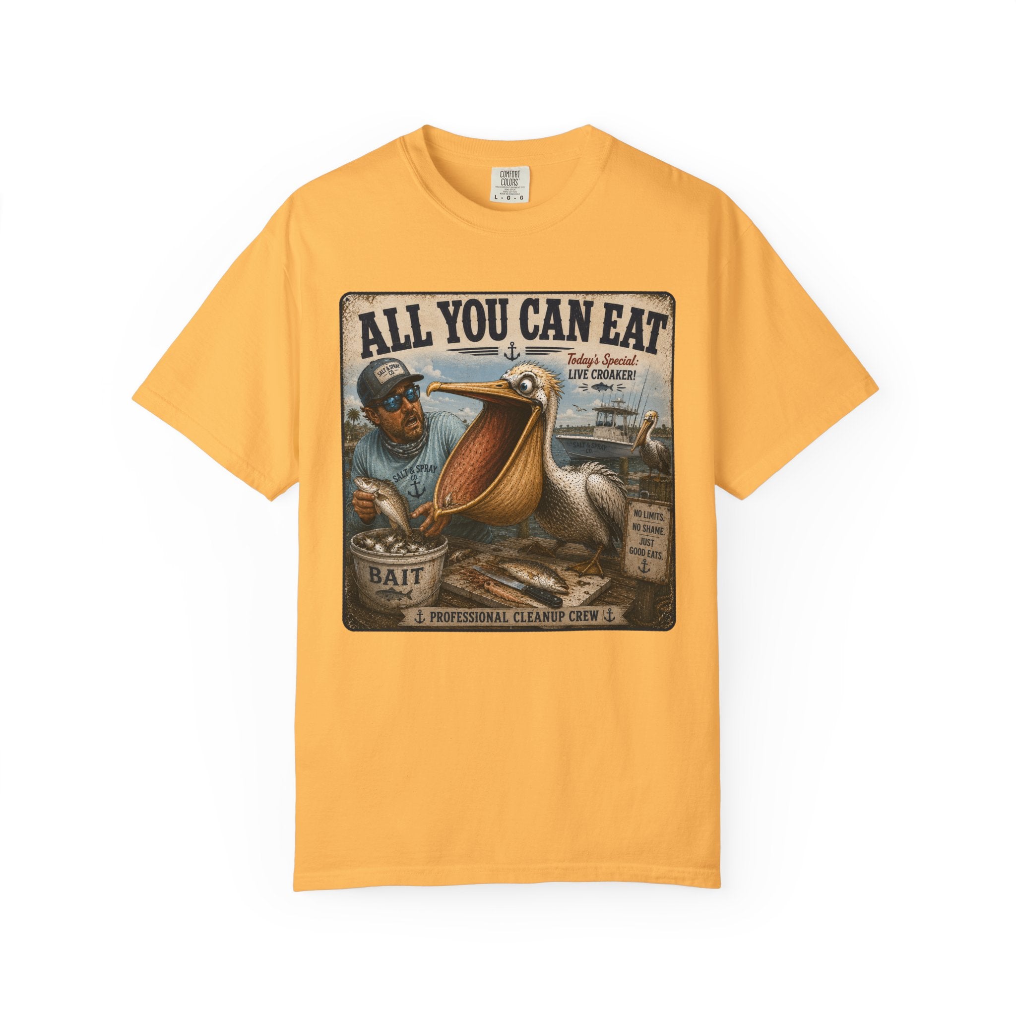 All You Can Eat Pelican T-Shirt — Funny Vintage Fishing Sign, Professional Cleanup Crew, Comfort Colors, Angler Gift, Unisex