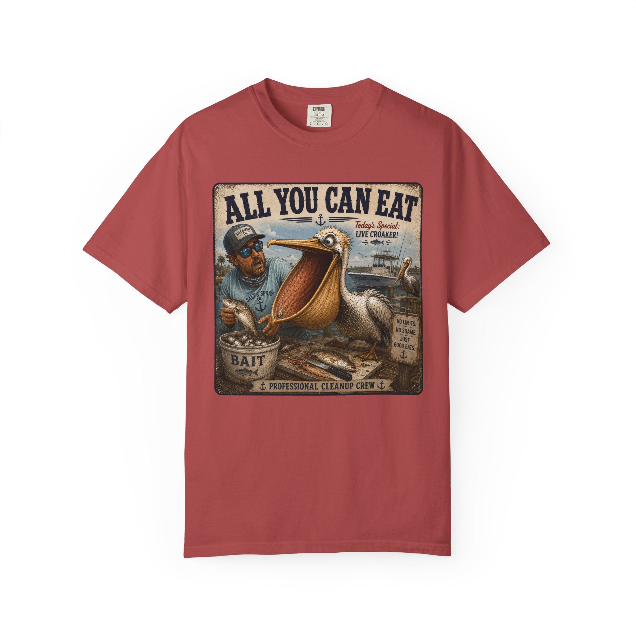 All You Can Eat Pelican T-Shirt — Funny Vintage Fishing Sign, Professional Cleanup Crew, Comfort Colors, Angler Gift, Unisex
