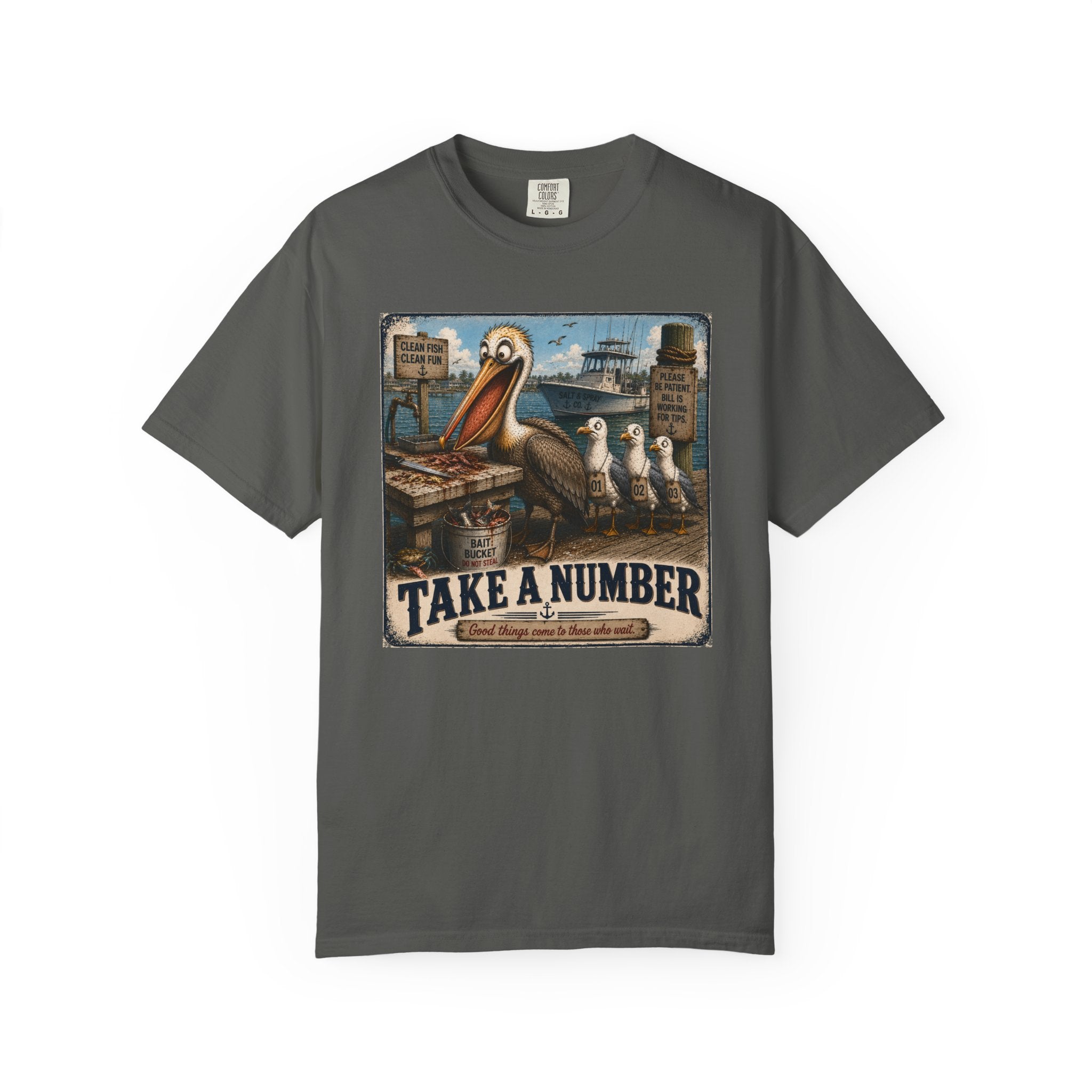 Take a Number Tee — Funny Pelican & Seagull Dock Sign T-Shirt