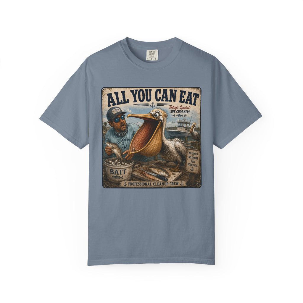 All You Can Eat Pelican T-Shirt — Funny Vintage Fishing Sign, Professional Cleanup Crew, Comfort Colors, Angler Gift, Unisex