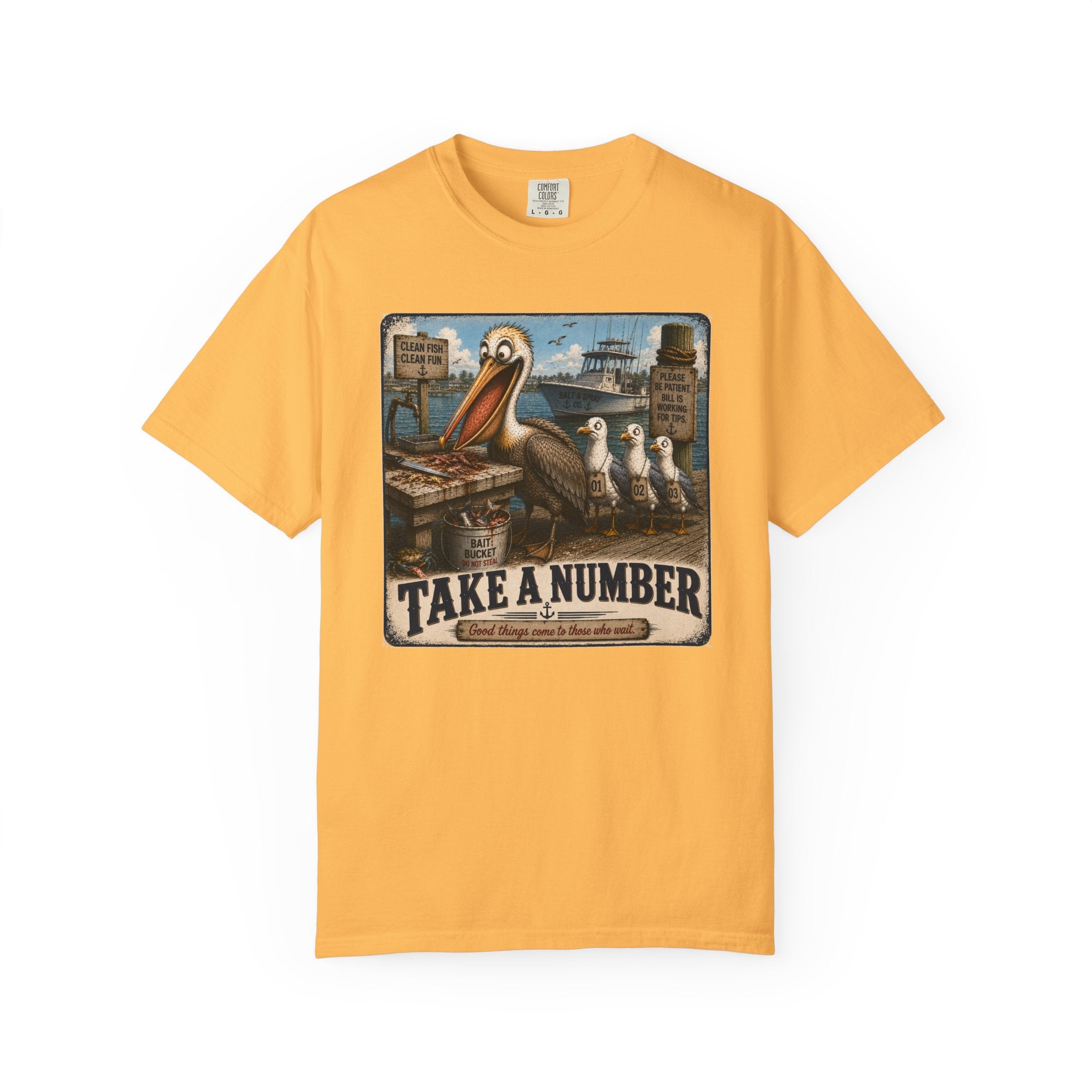 Take a Number Tee — Funny Pelican & Seagull Dock Sign T-Shirt