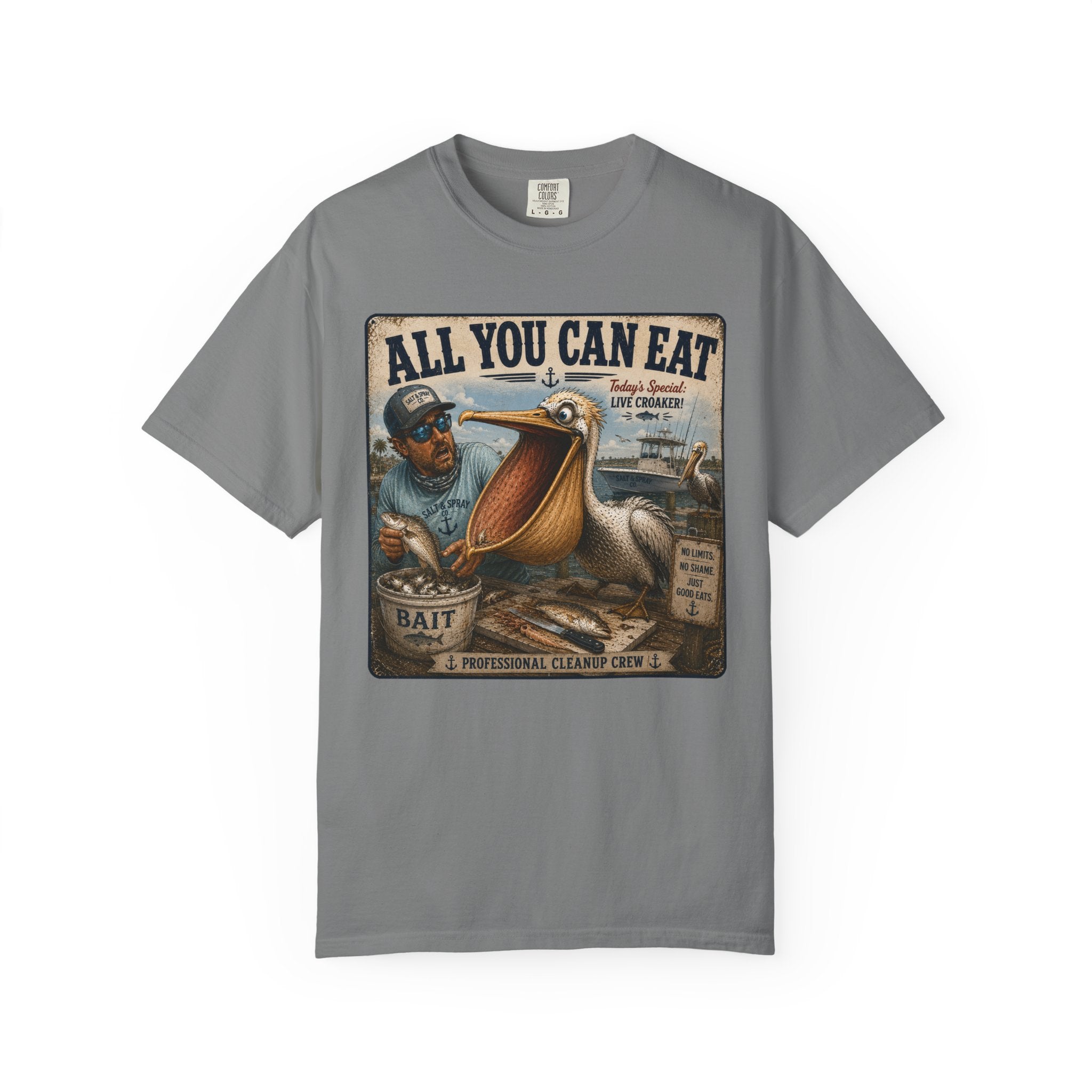 All You Can Eat Pelican T-Shirt — Funny Vintage Fishing Sign, Professional Cleanup Crew, Comfort Colors, Angler Gift, Unisex