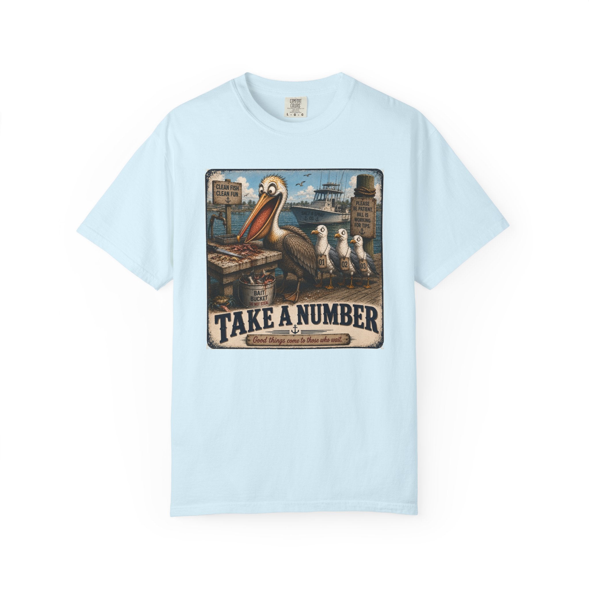 Take a Number Tee — Funny Pelican & Seagull Dock Sign T-Shirt