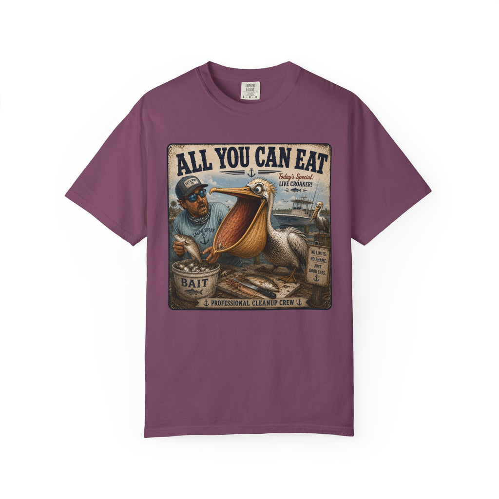 All You Can Eat Pelican T-Shirt — Funny Vintage Fishing Sign, Professional Cleanup Crew, Comfort Colors, Angler Gift, Unisex