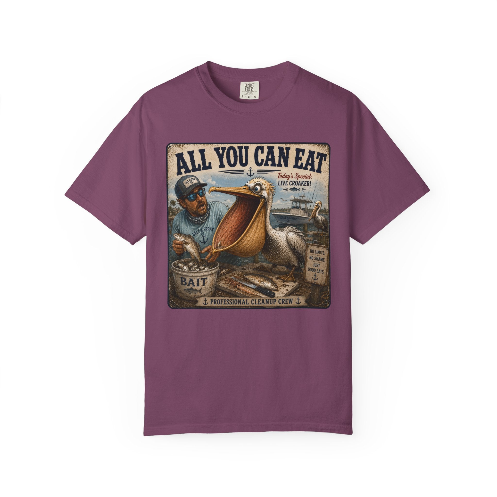 All You Can Eat Pelican T-Shirt — Funny Vintage Fishing Sign, Professional Cleanup Crew, Comfort Colors, Angler Gift, Unisex