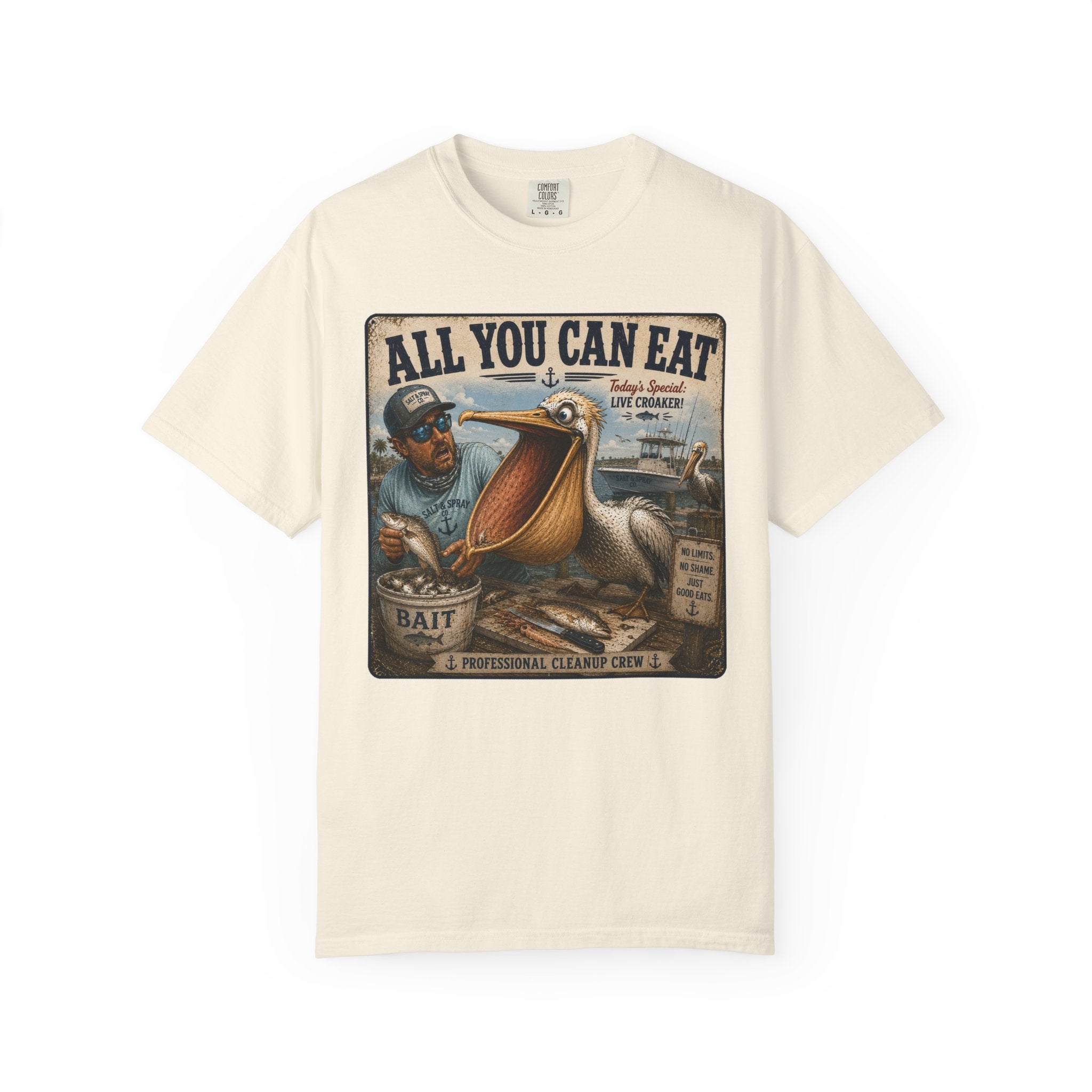 All You Can Eat Pelican T-Shirt — Funny Vintage Fishing Sign, Professional Cleanup Crew, Comfort Colors, Angler Gift, Unisex