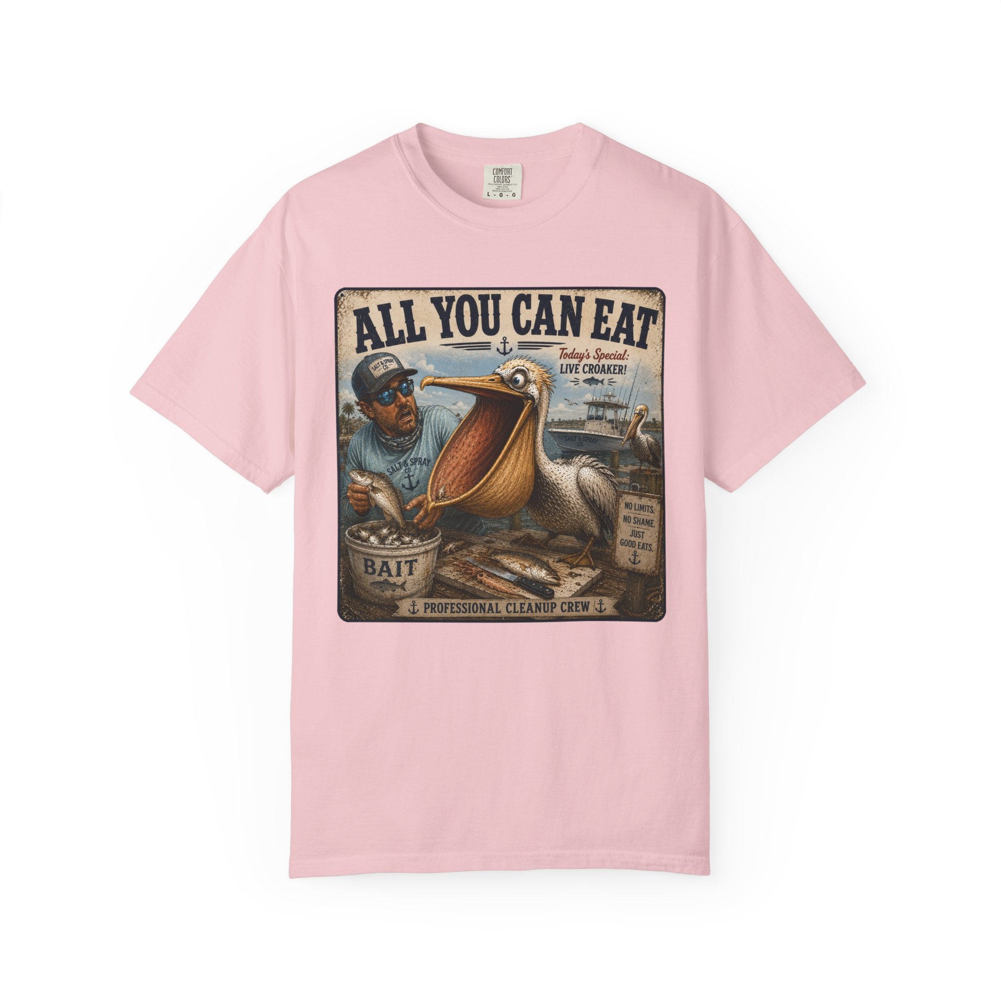 All You Can Eat Pelican T-Shirt — Funny Vintage Fishing Sign, Professional Cleanup Crew, Comfort Colors, Angler Gift, Unisex