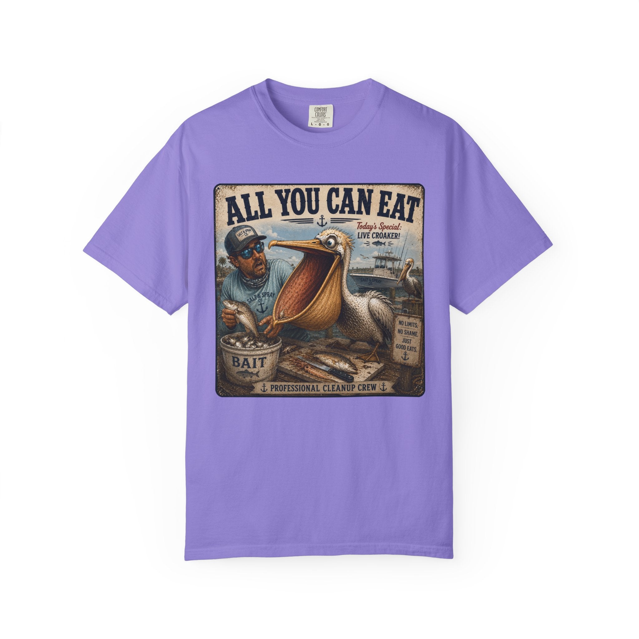 All You Can Eat Pelican T-Shirt — Funny Vintage Fishing Sign, Professional Cleanup Crew, Comfort Colors, Angler Gift, Unisex