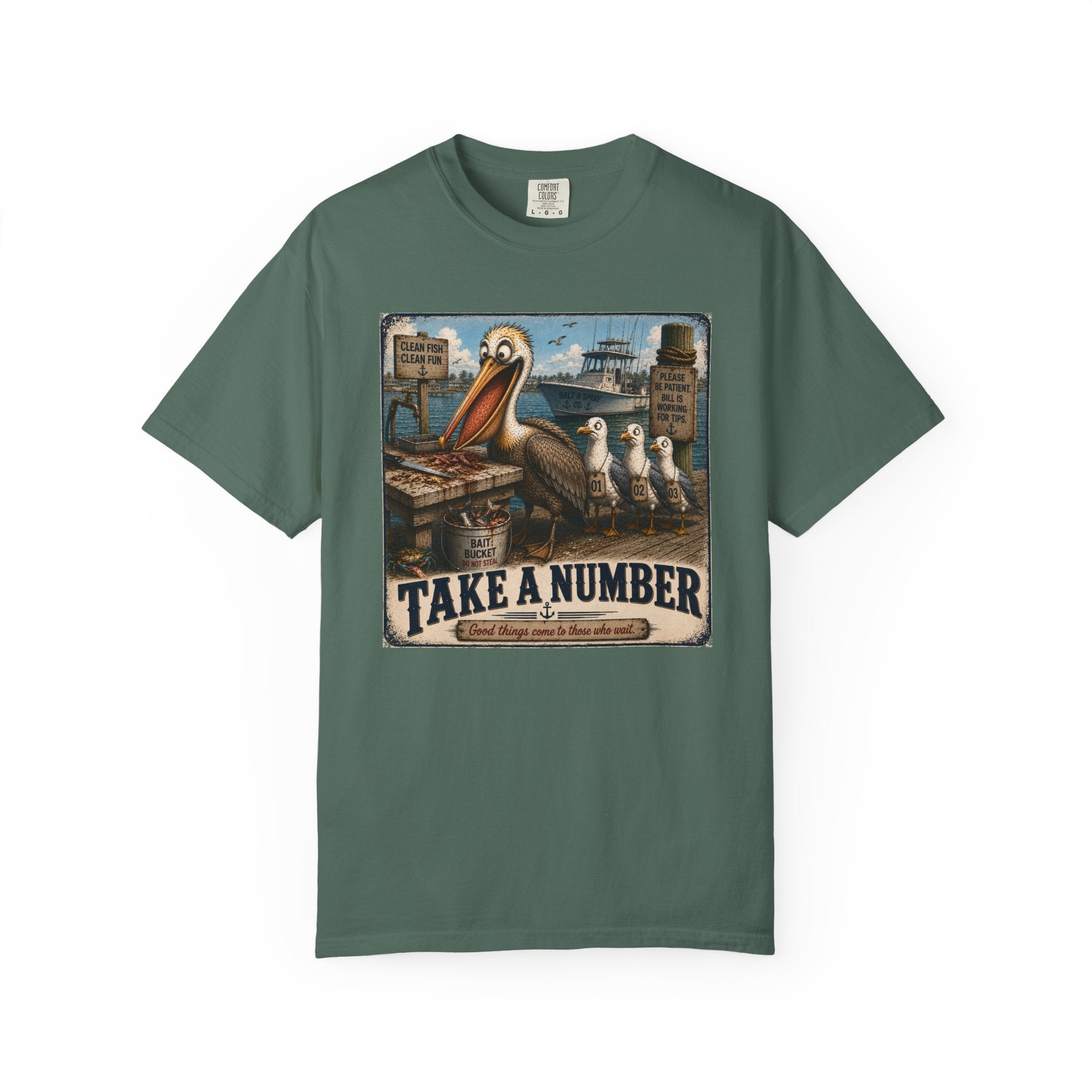 Take a Number Tee — Funny Pelican & Seagull Dock Sign T-Shirt
