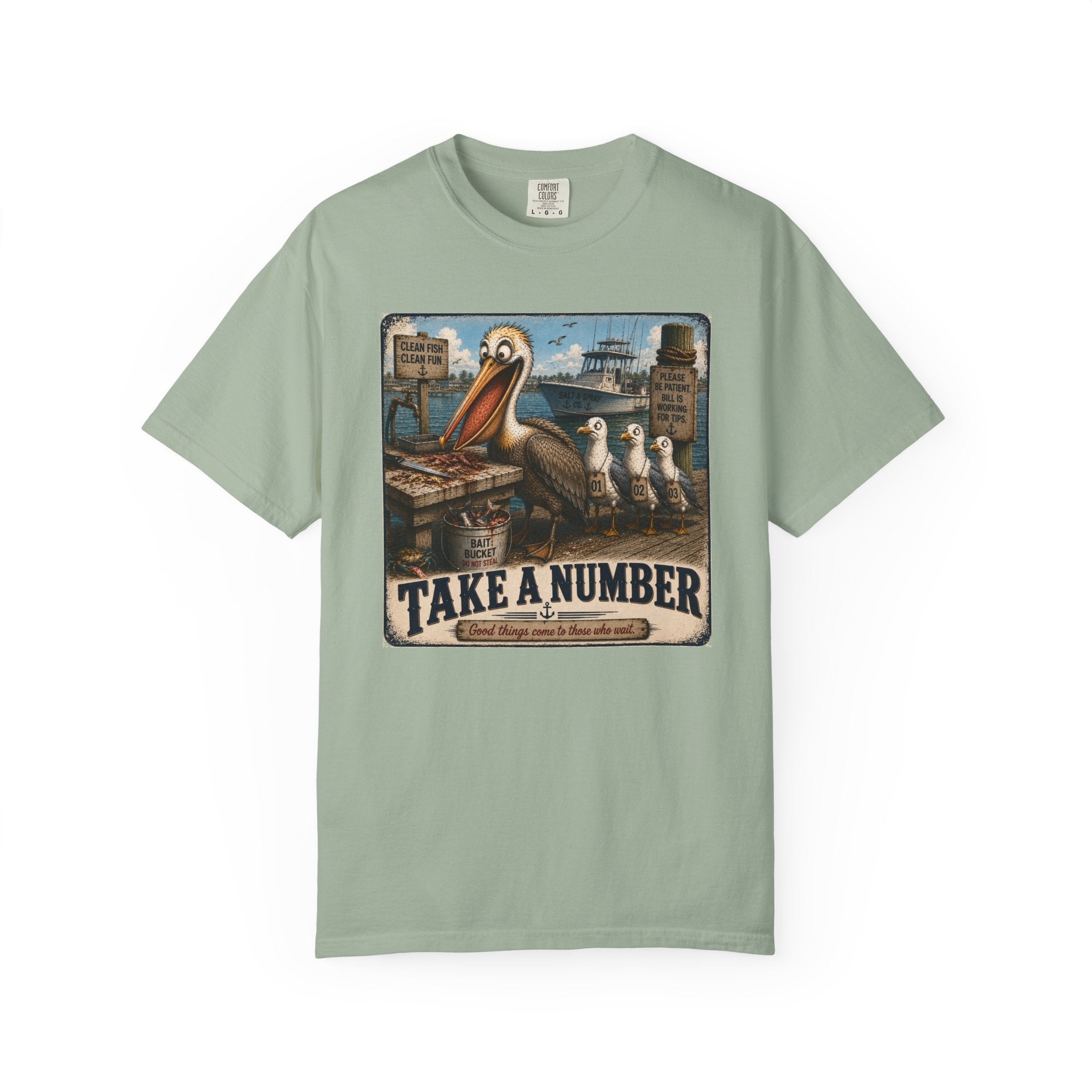 Take a Number Tee — Funny Pelican & Seagull Dock Sign T-Shirt